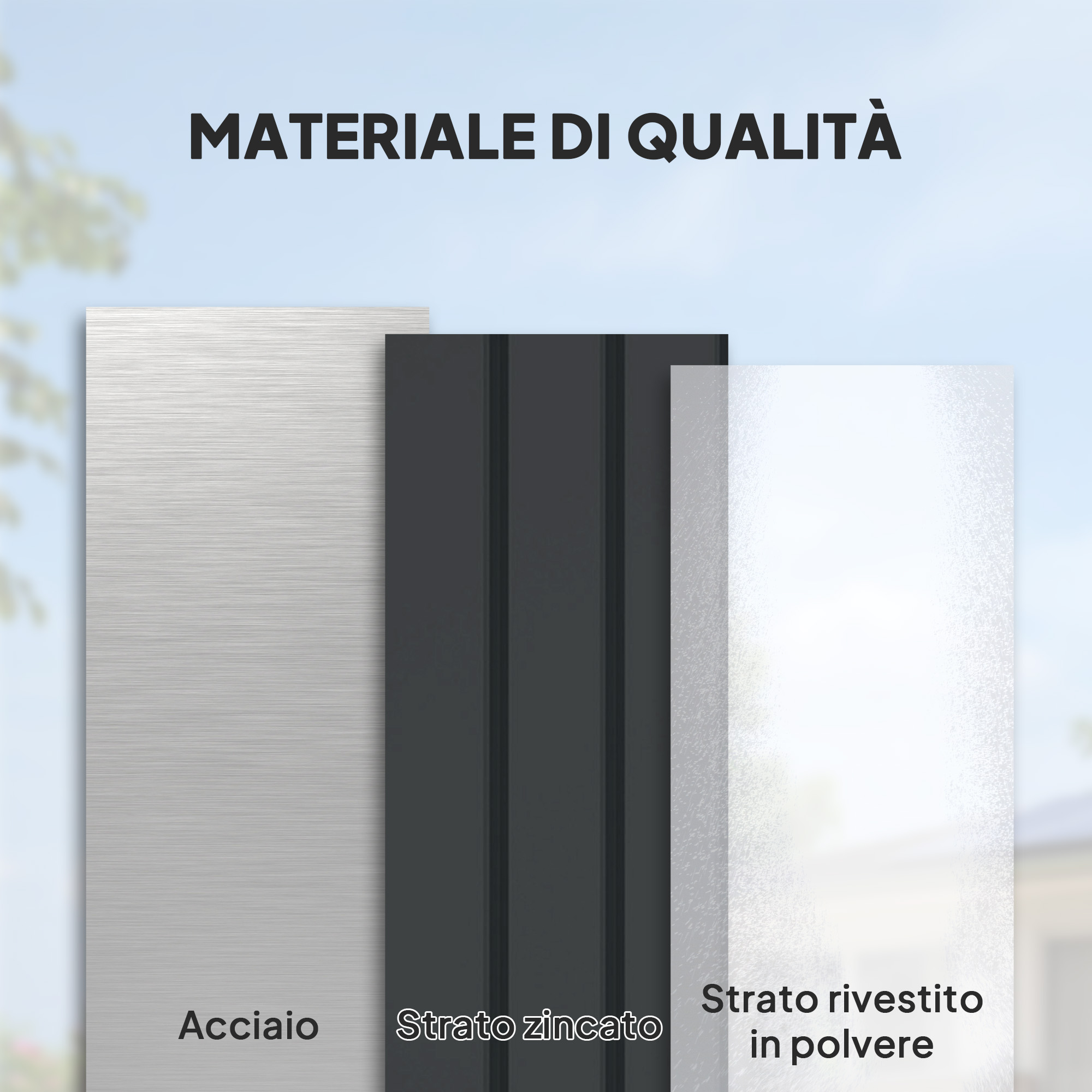 Tre materiali: acciaio, strato zincato, rivestito in polvere.