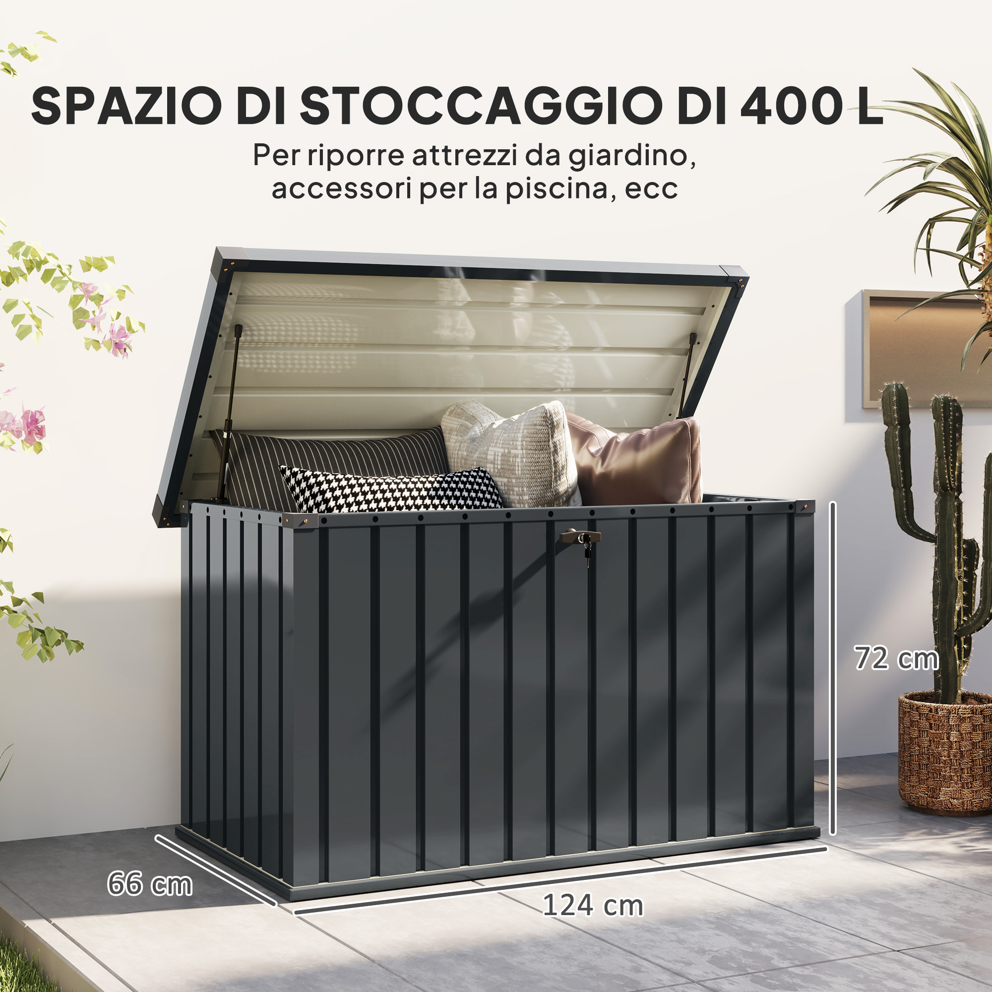 Contenitore da giardino grigio con coperchio aperto, pieno di cuscini. Misure: 124x66x72 cm.