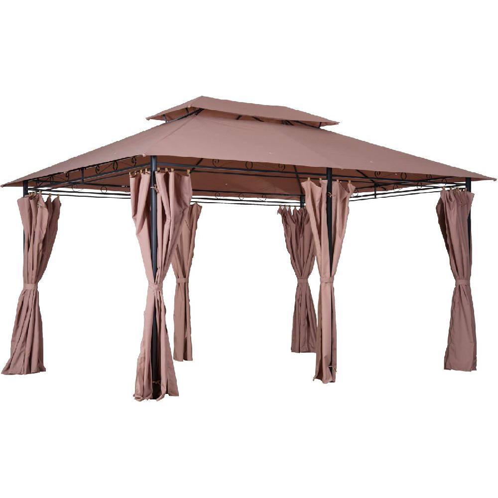 Una gazebo marrone con tetto doppio e tende sui lati.