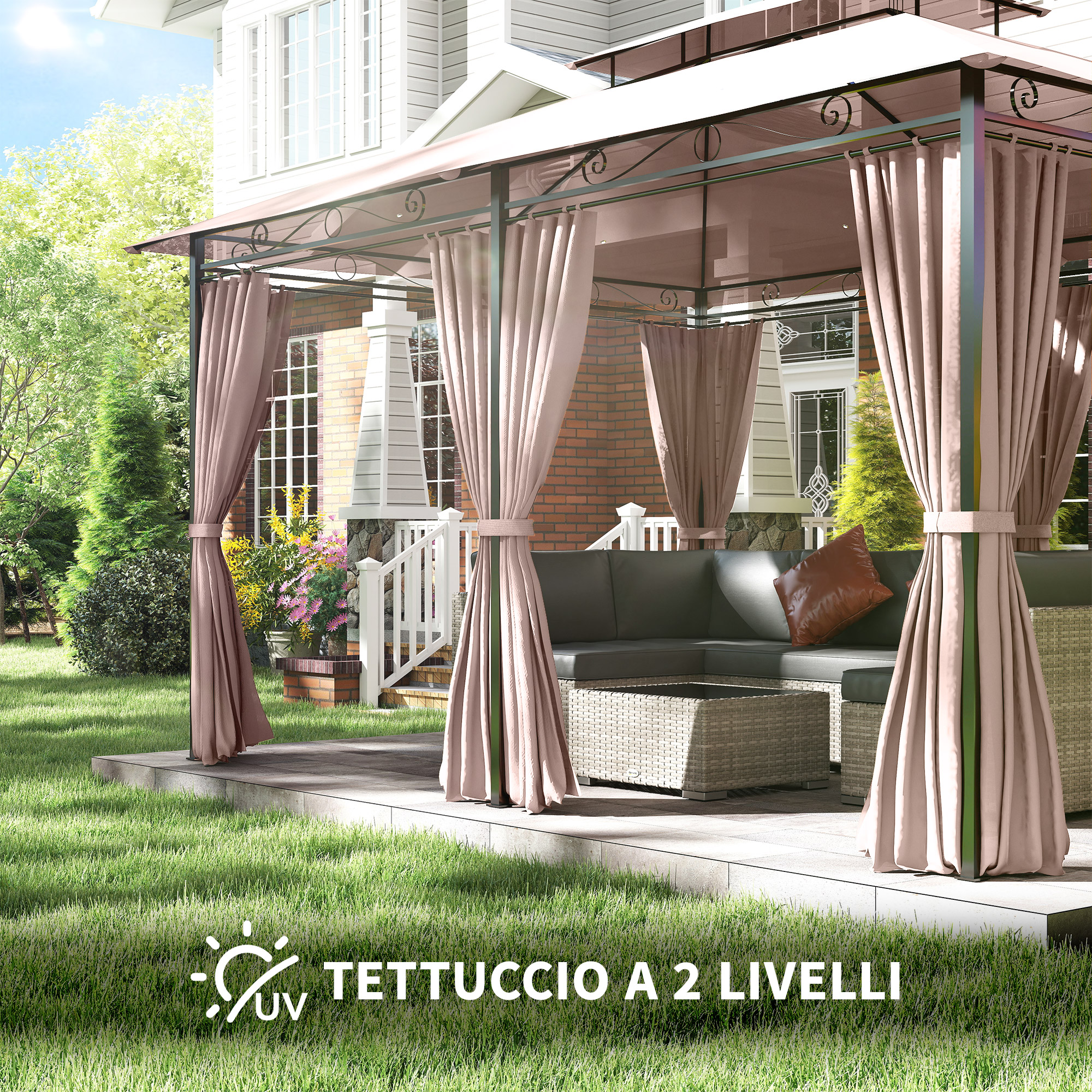 Un gazebo con tende tortora, sedute e tavolino su un patio.