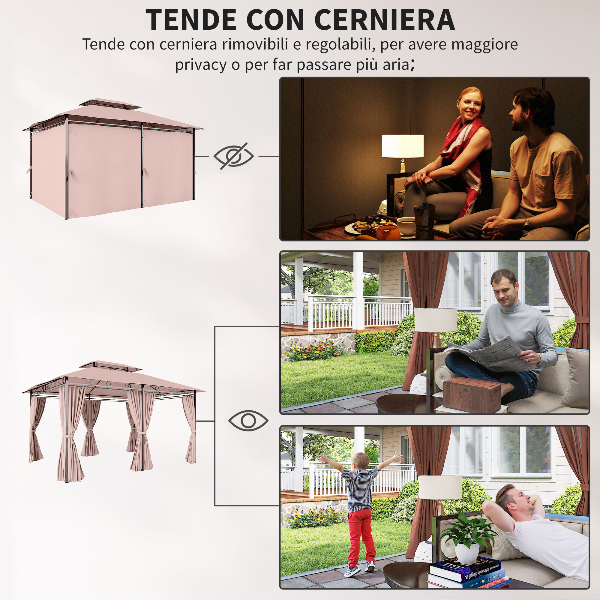 Un gazebo rosa con tende; una coppia seduta dentro, un uomo legge, un bambino fuori.