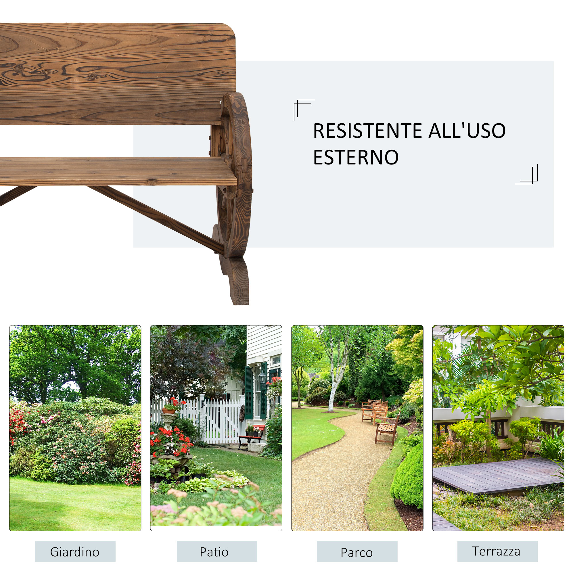 Panca in legno con ruote, accanto a immagini di giardini e pati.