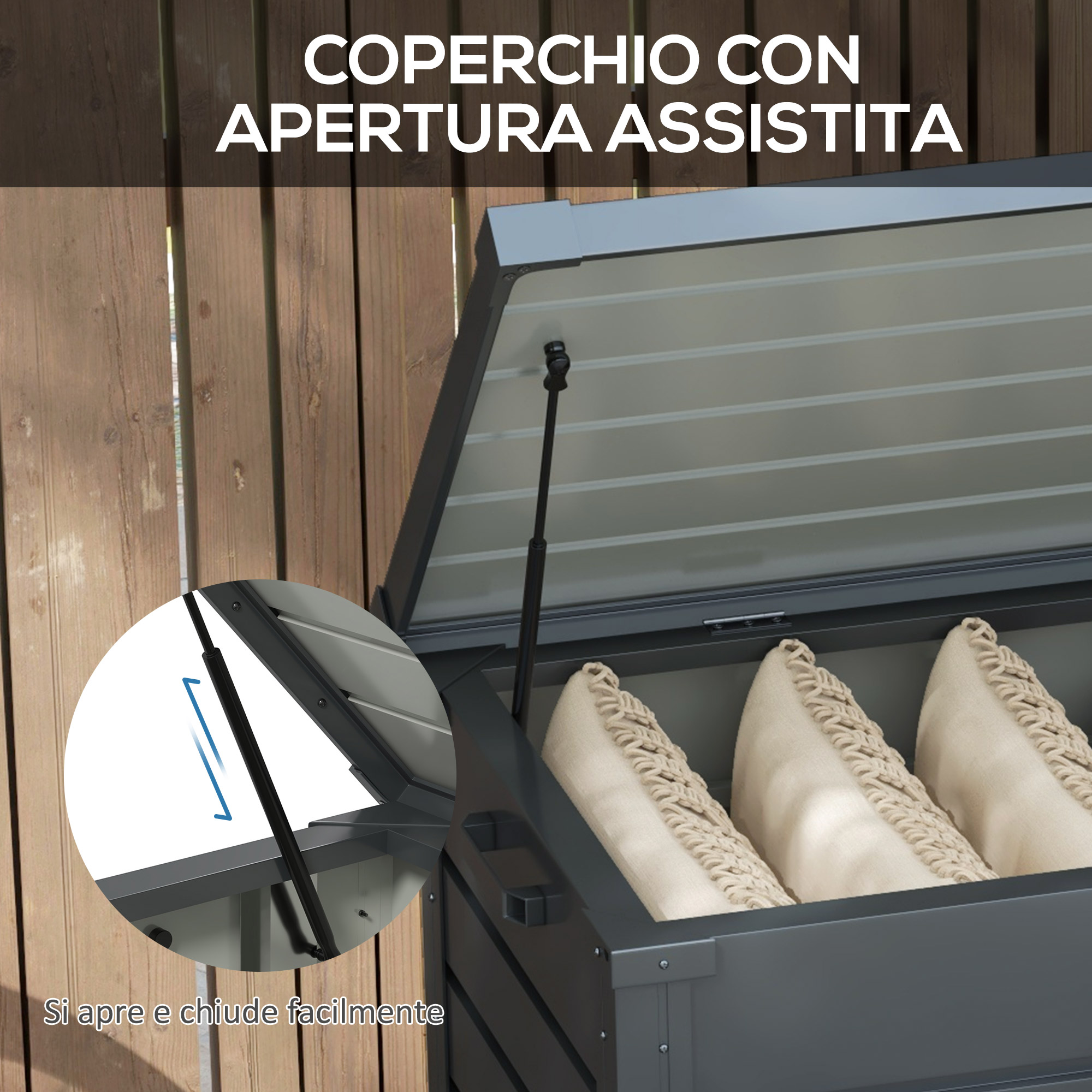 Coperchio cassa portaoggetti grigio aperto con pistone, cuscini all'interno.