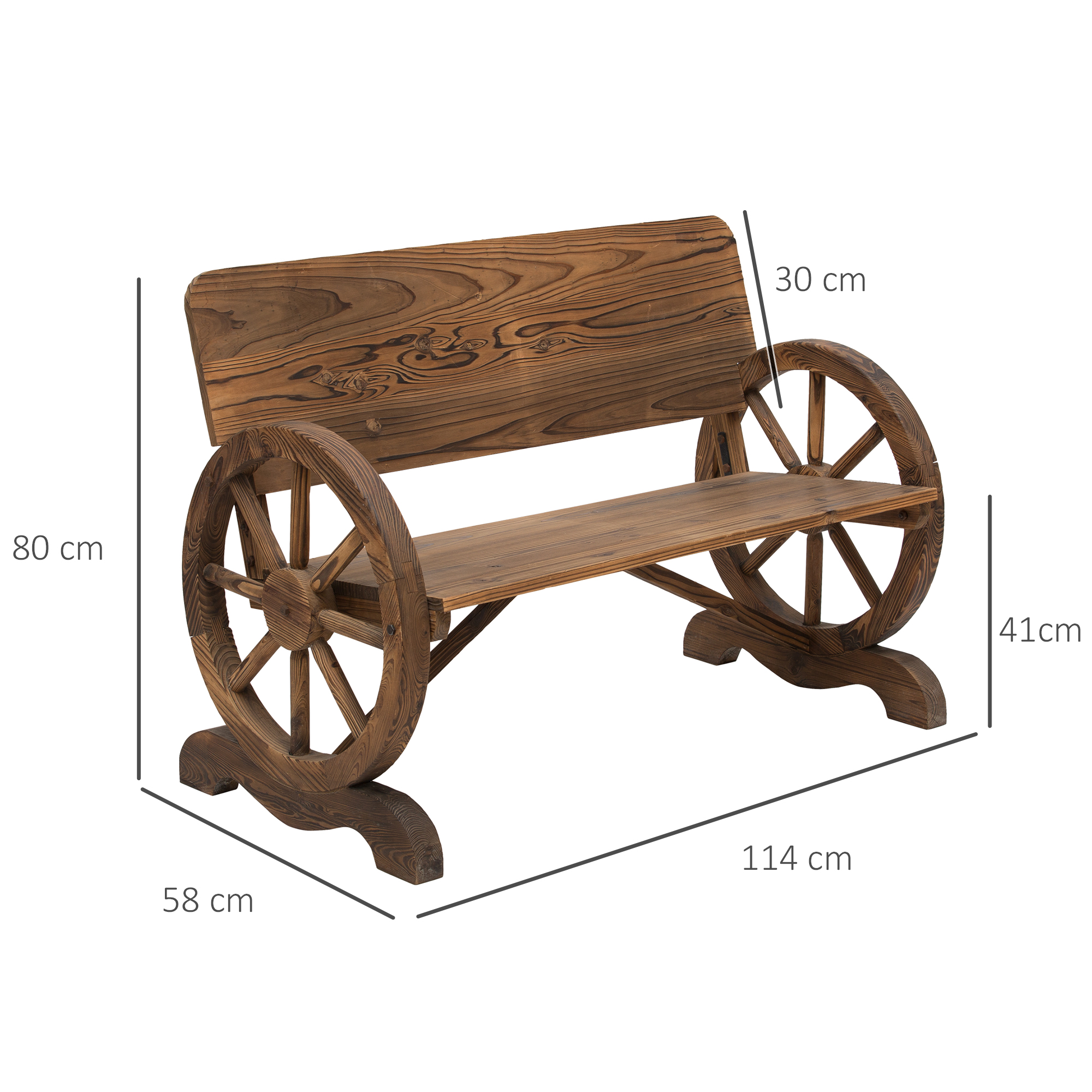 Panca in legno con fianchi a forma di ruota. Dimensioni 114x58x80cm.
