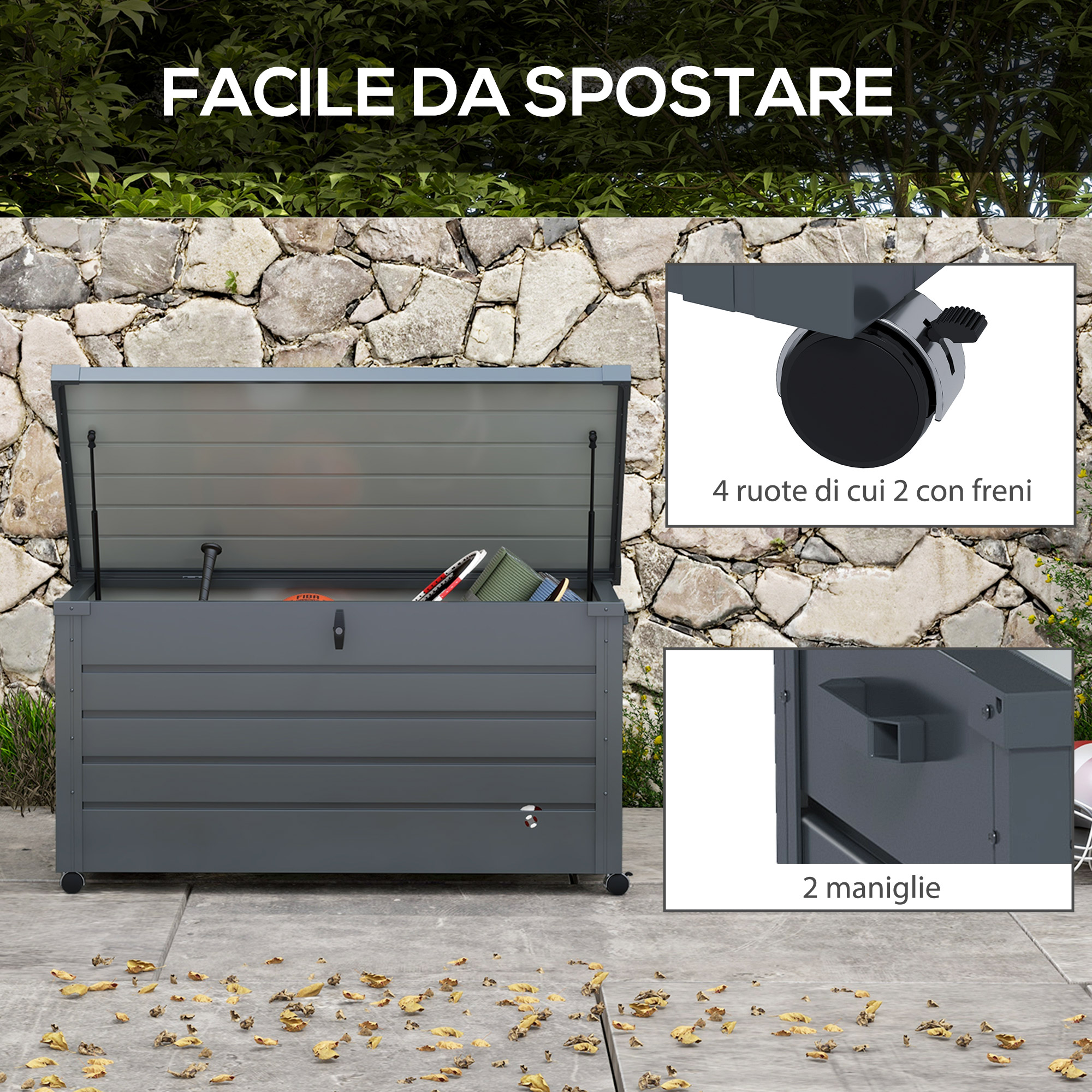 Contenitore da esterno grigio con coperchio aperto, palline da tennis, ruote e maniglie.