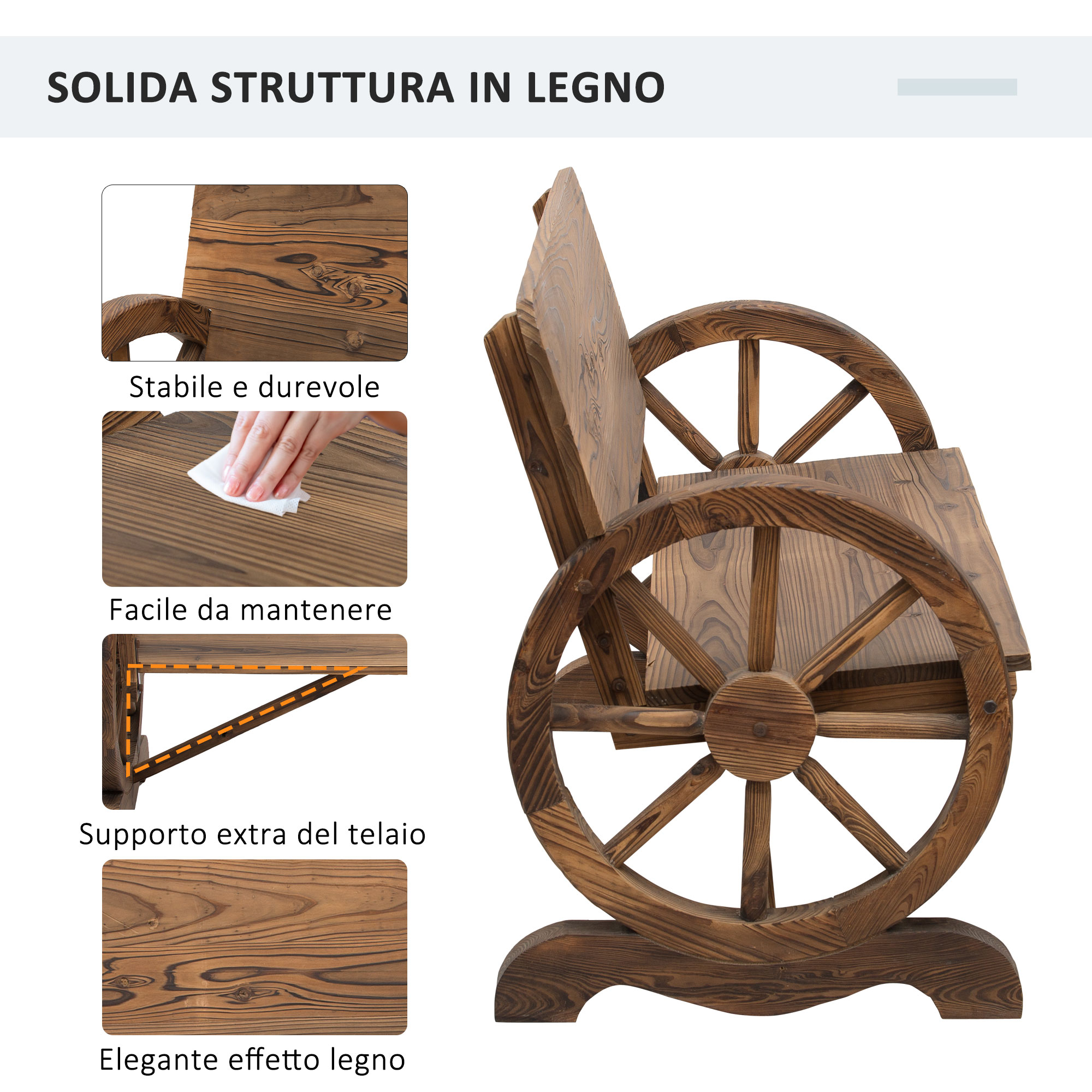 Panca in legno robusta con dettagli di ruota, con primi piani del suo design.