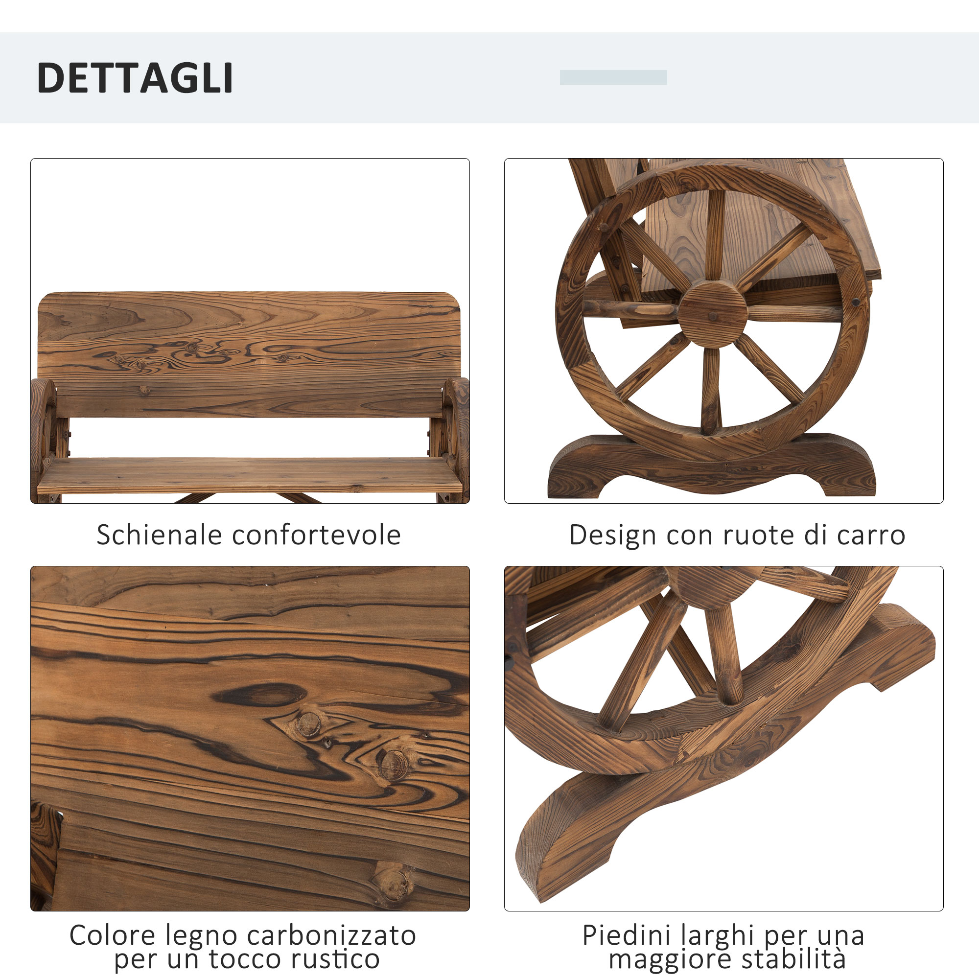 Panca in legno con dettaglio ruota di carro e piedi larghi.
