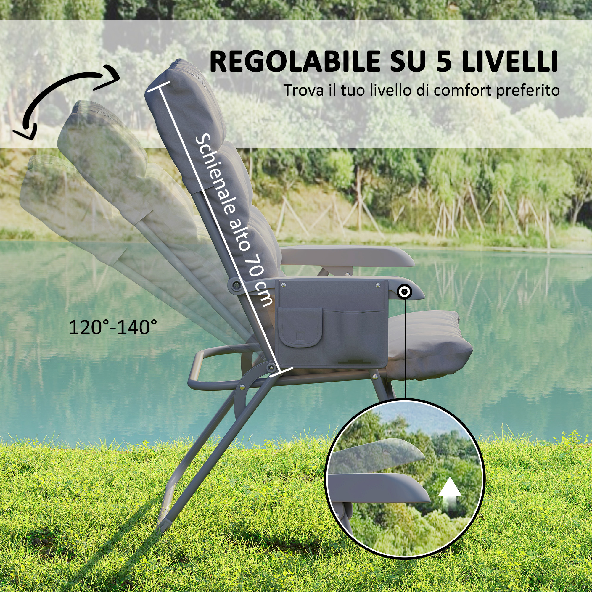 Sedia reclinabile grigia vicino all'acqua, schienale 70cm, regolabile 120-140 gradi.