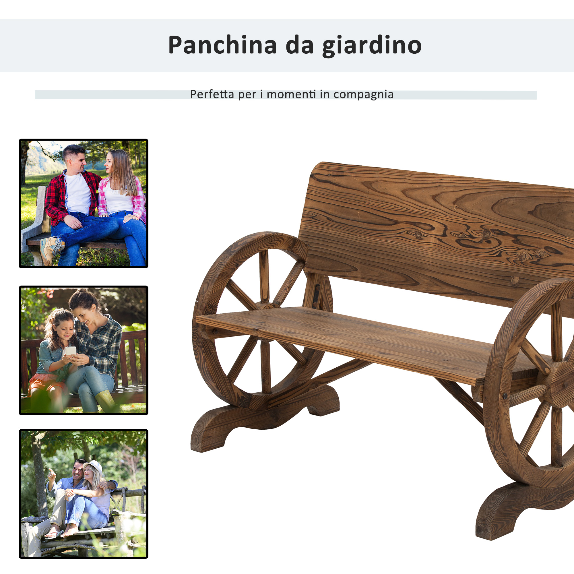 Panchina da giardino in legno con ruote, in esterni.