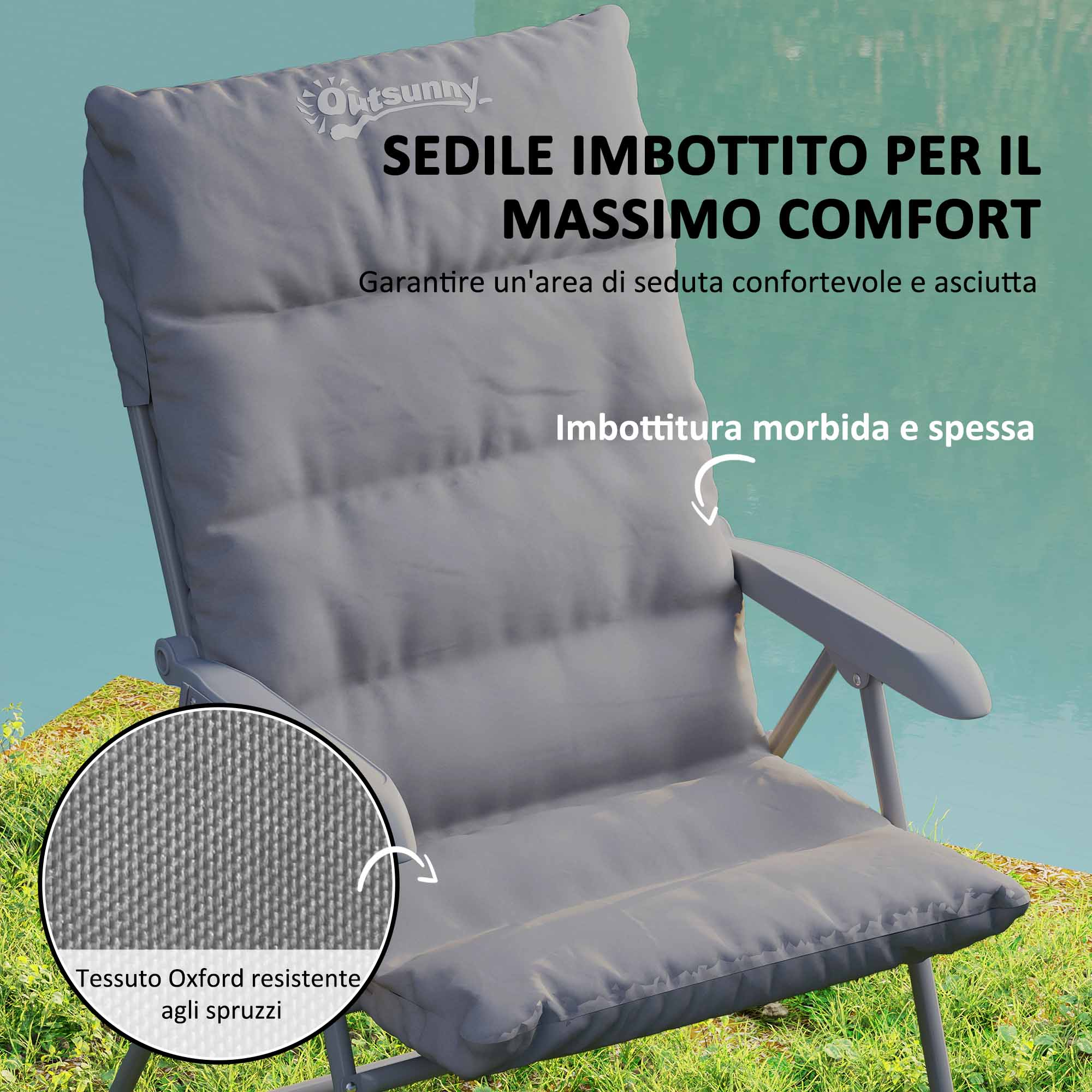 Sedia imbottita grigia con braccioli all'aperto sull'erba con sfondo blu.