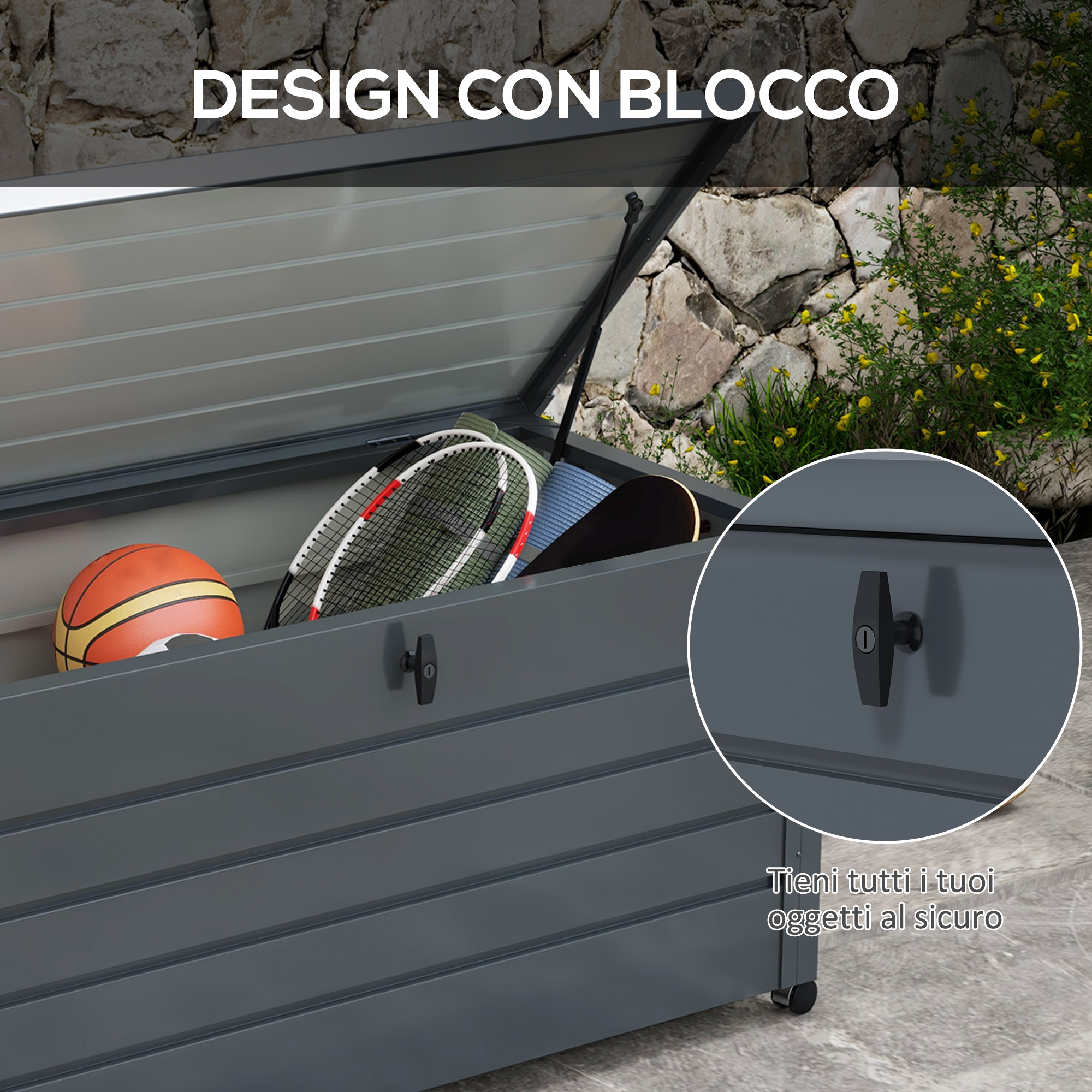 Contenitore grigio con pallone, racchette e tappetino. Dettaglio serratura.