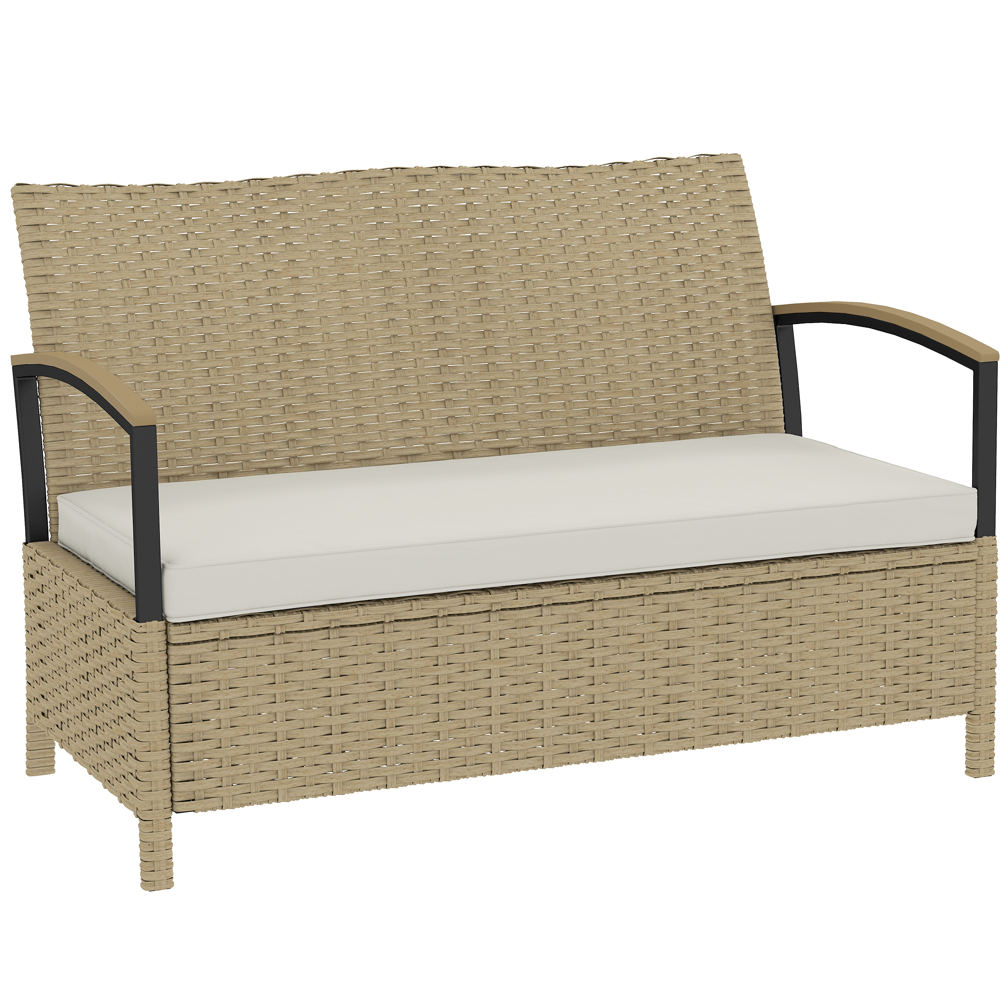Divanetto in rattan color cuoio con cuscino bianco e braccioli neri.
