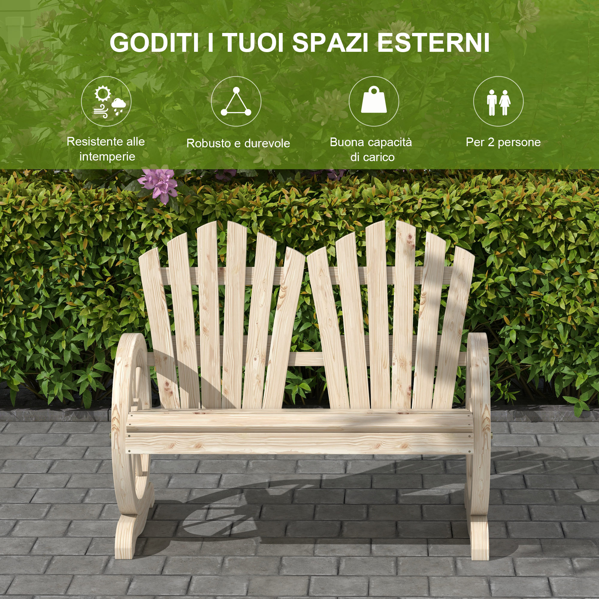 Panchina in legno davanti a un cespuglio verde. Resistente, robusta, per 2 persone.