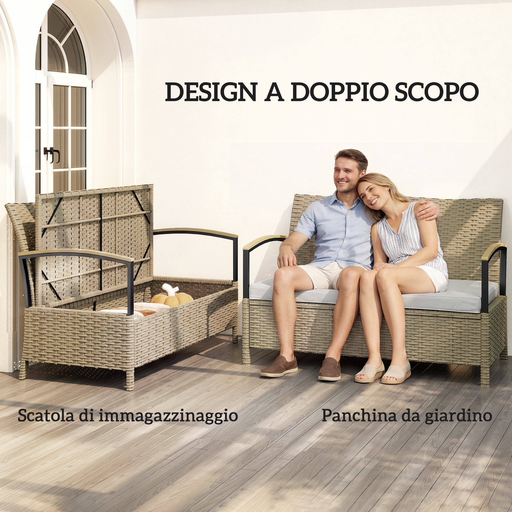 Una coppia seduta su una panchina da giardino accanto a un contenitore aperto.