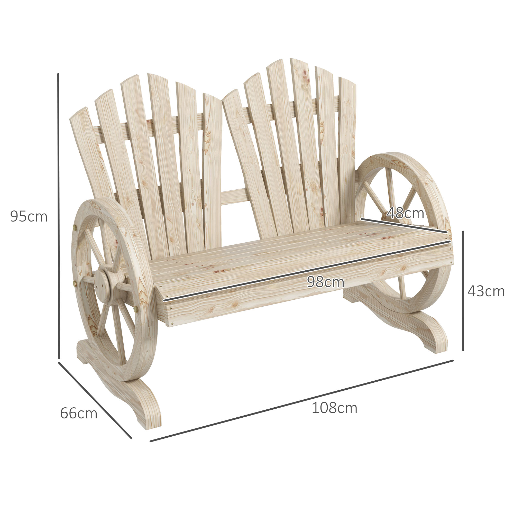 Panca in legno a due posti con design a ruota di carro, dimensioni 108x66x95cm.