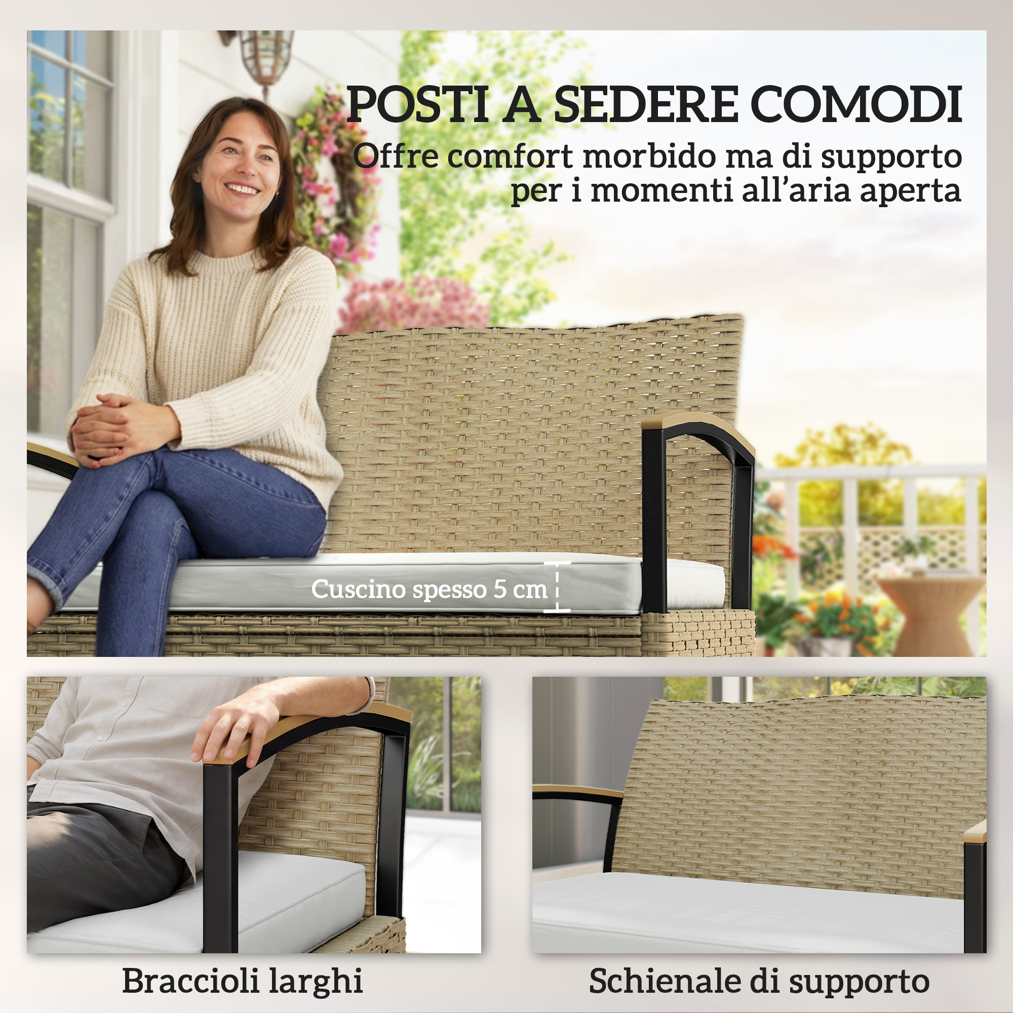 Donna seduta su divano in rattan beige con cuscini bianchi su un portico.