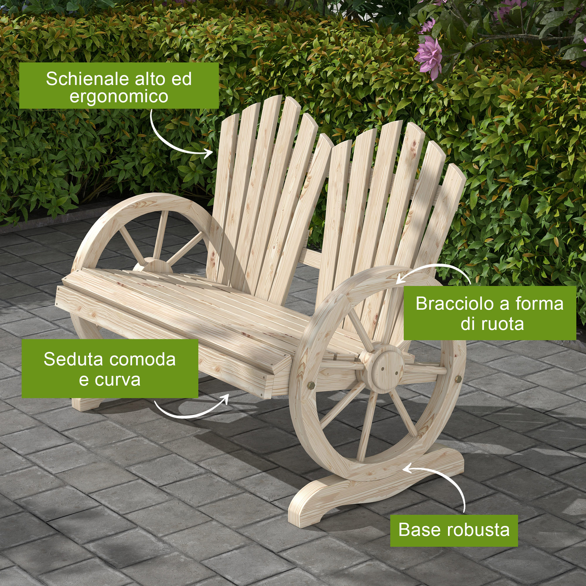 Una panchina da giardino in legno con braccioli a forma di ruota.