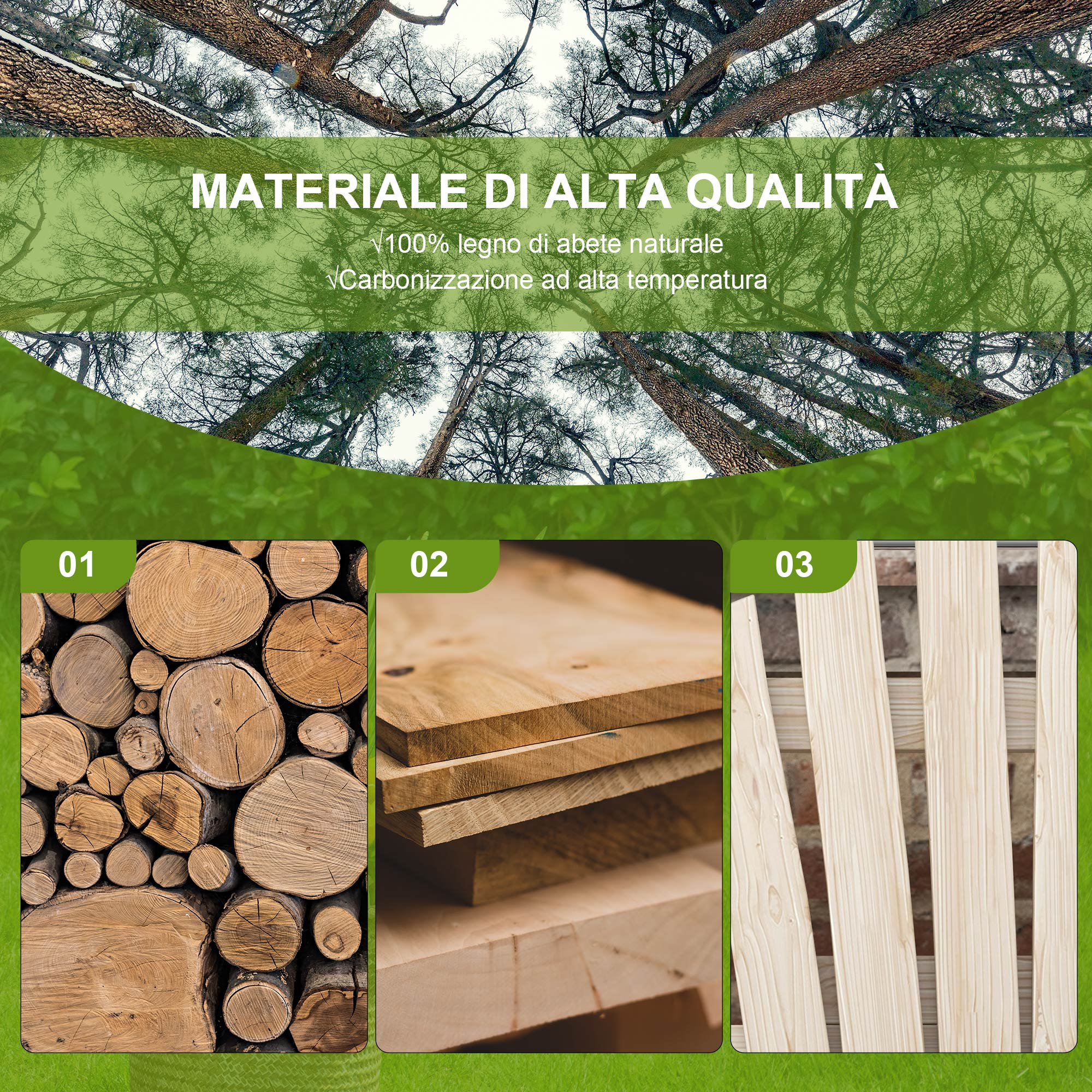Materiale di alta qualità: Legno di abete naturale, carbonizzato ad alta temperatura.