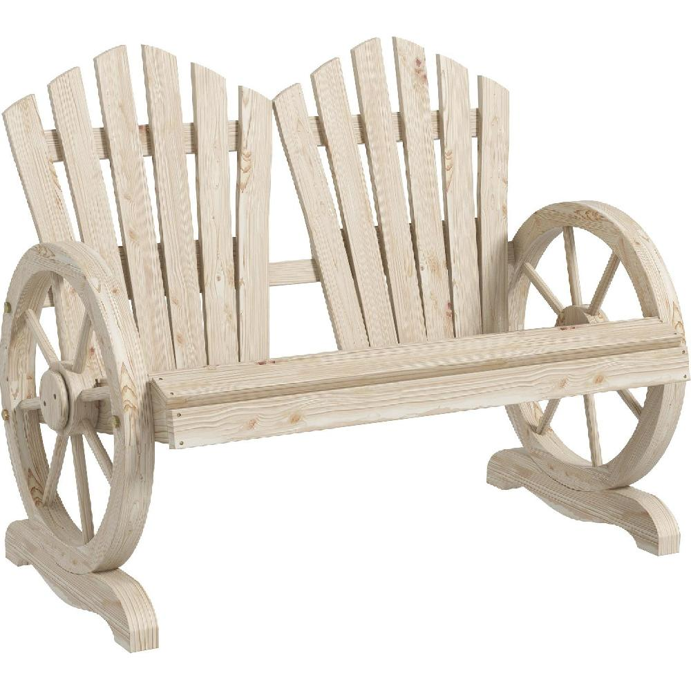Una panca in legno chiaro con ruote di carro come braccioli.