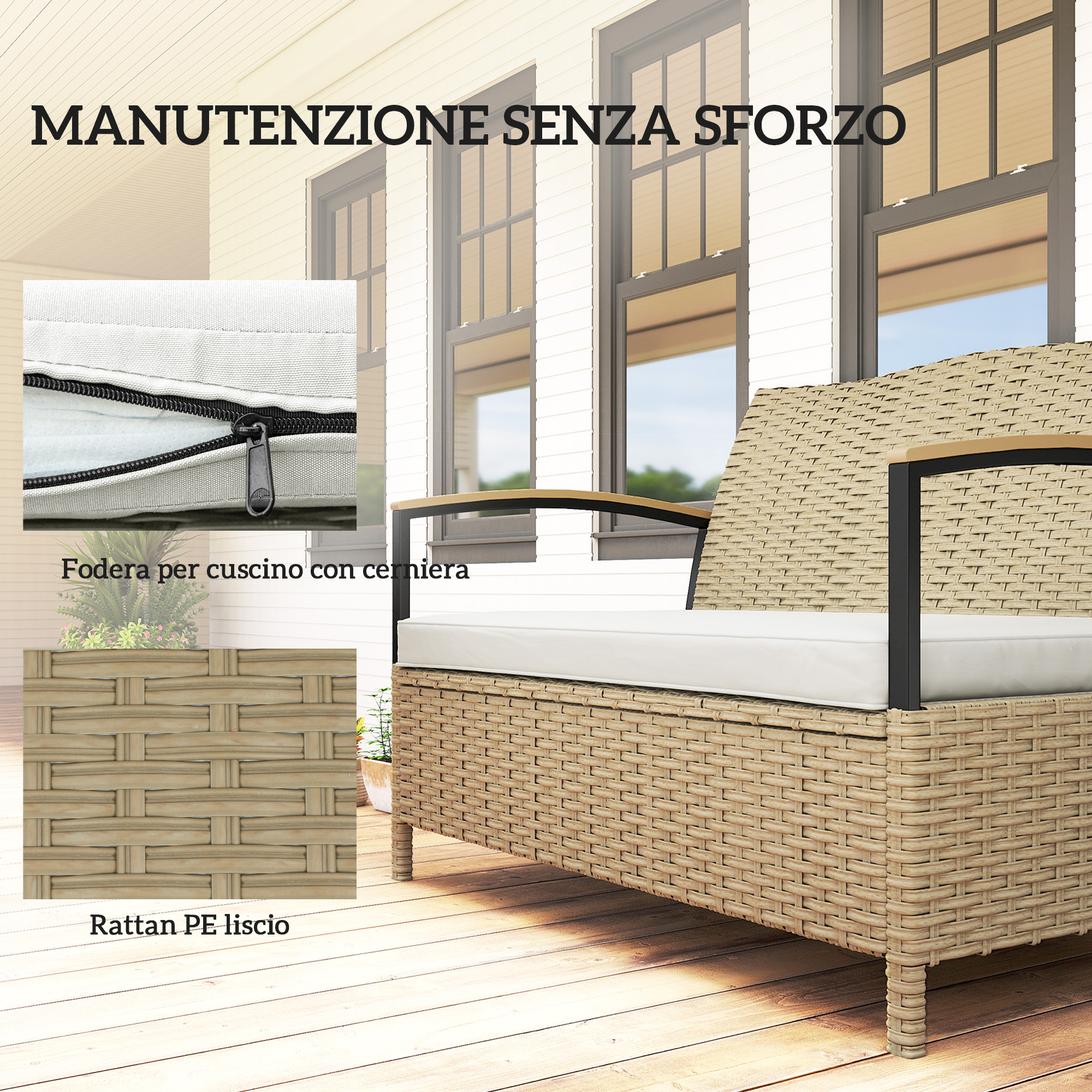 Divano in rattan intrecciato con cuscini bianchi, dettaglio cerniera, braccioli.
