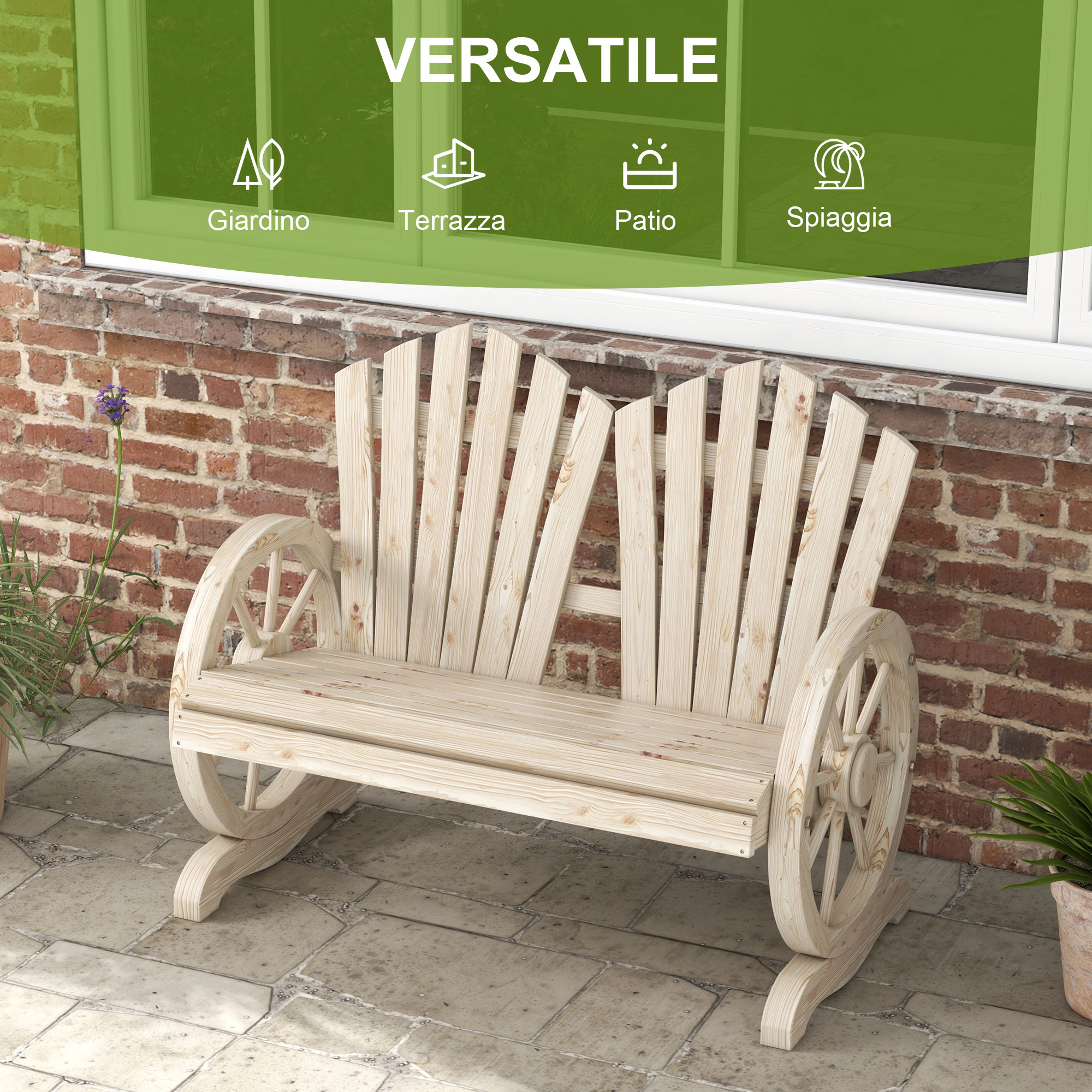 Una panchina di legno con ruote si trova su un patio pavimentato davanti a un muro di mattoni.