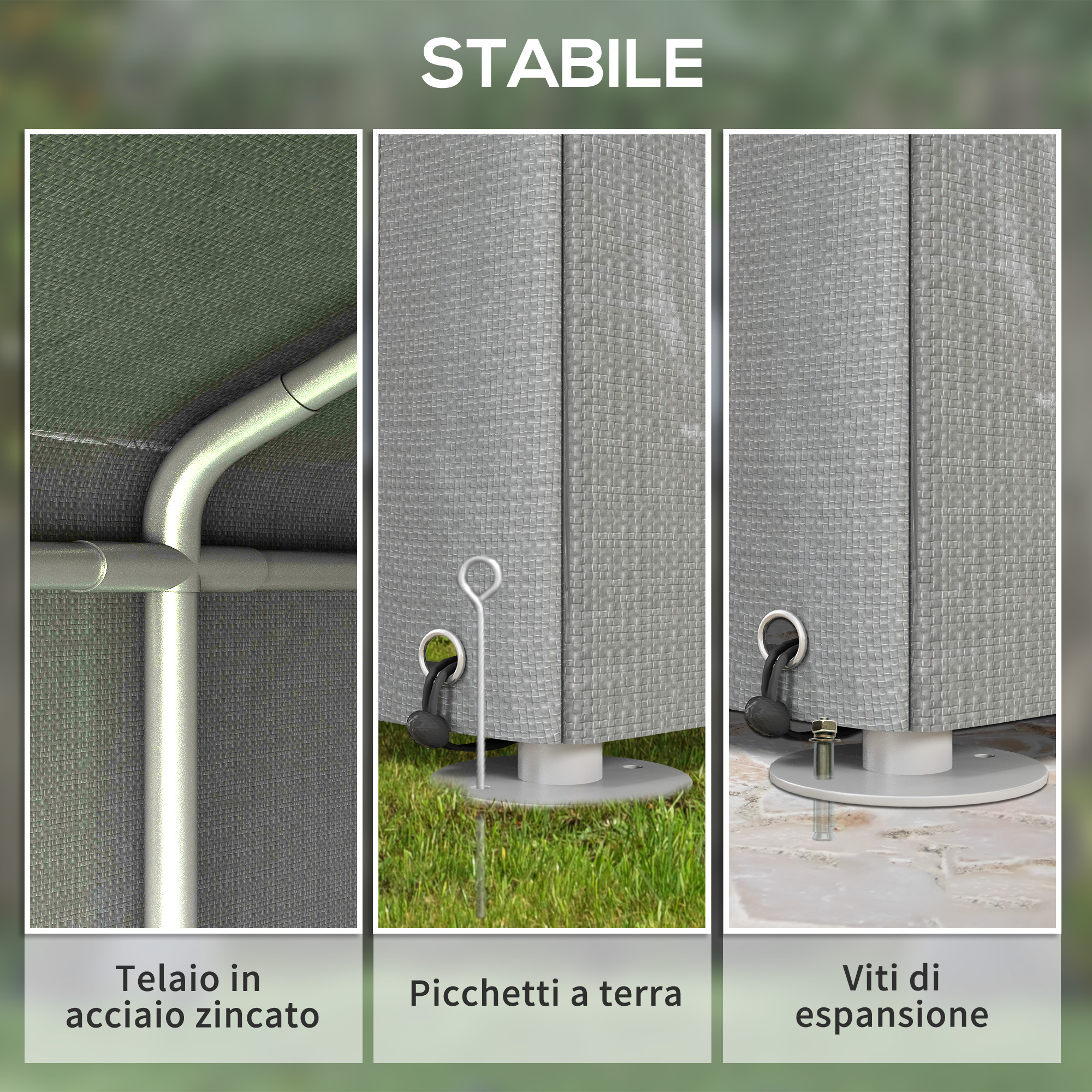 Tre immagini mostrano dettagli di una struttura stabile con tubi in acciaio zincato, picchetti e viti di espansione.