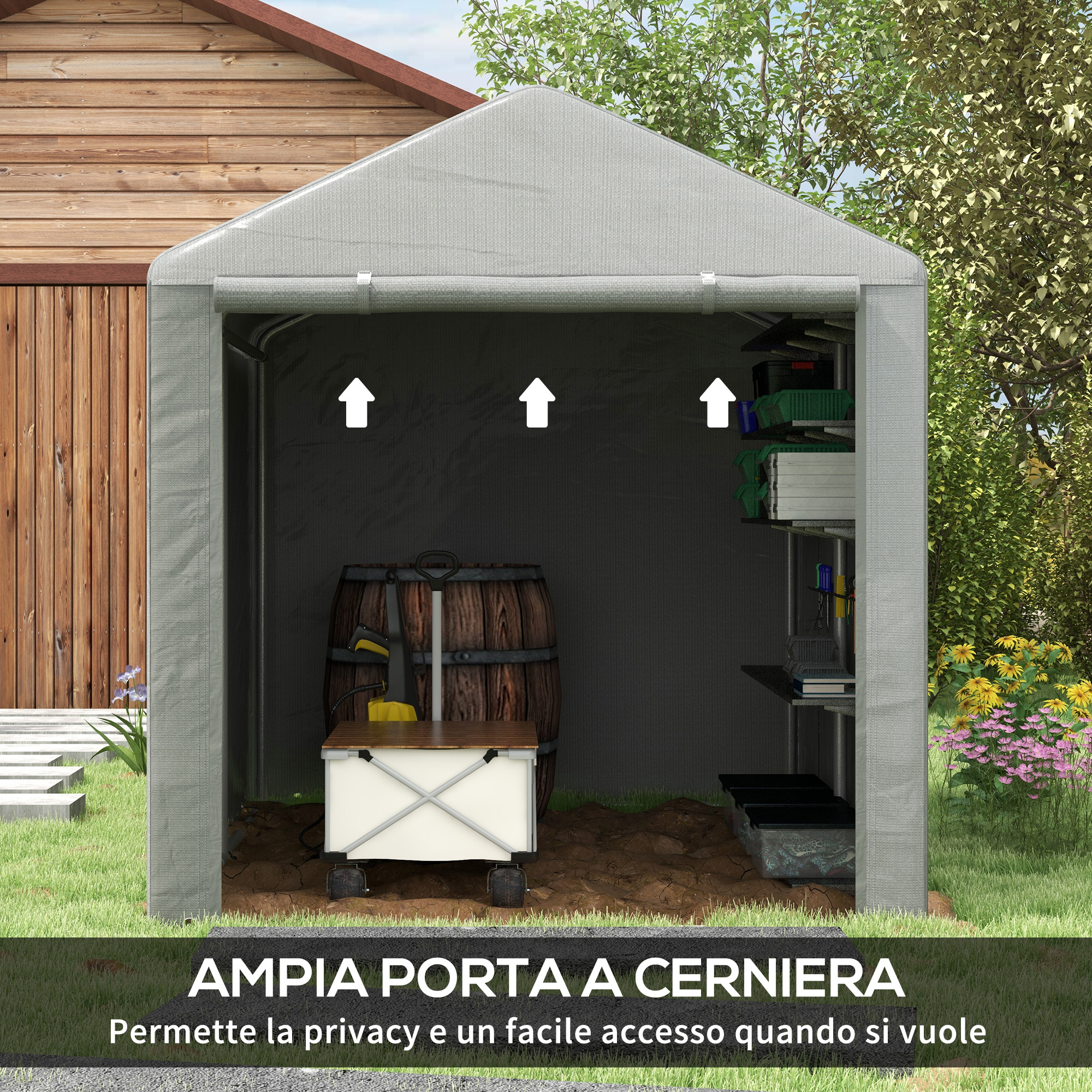 Capanno in tessuto grigio con porta arrotolata, barile e scaffali interni.