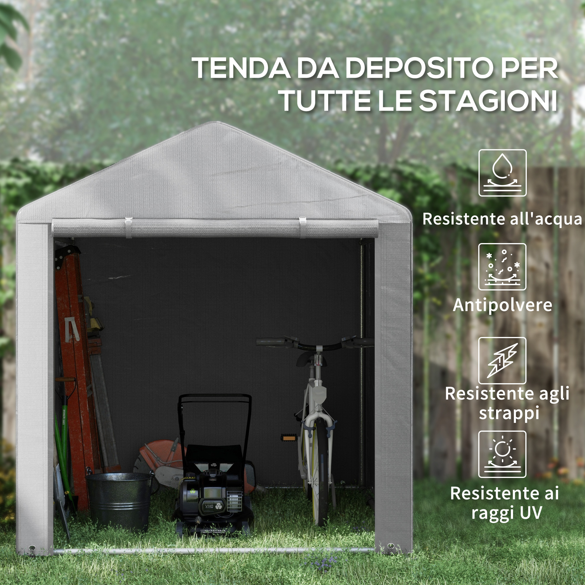 Tenda da deposito grigia con tosaerba, scala e bicicletta all'interno.