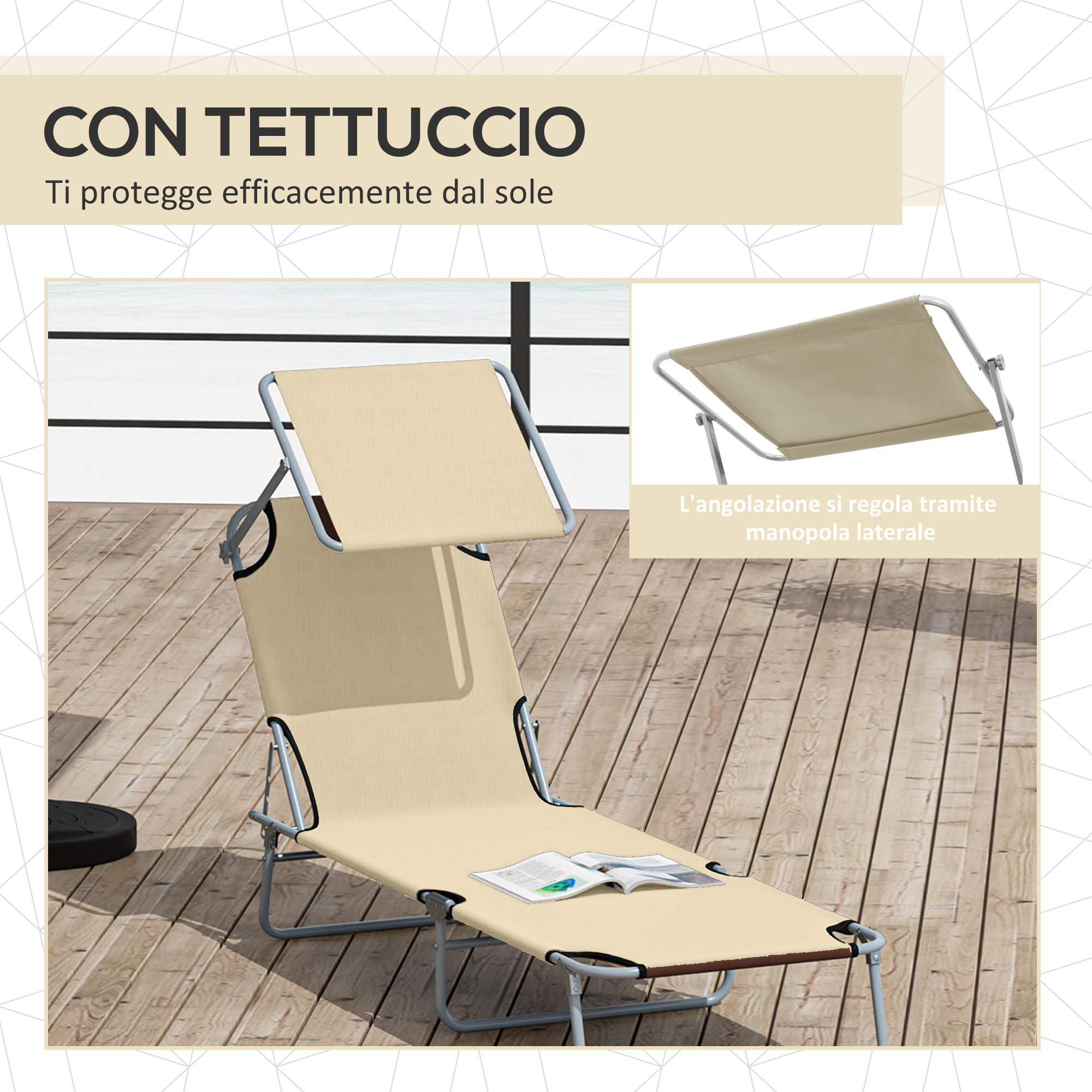 Sdraio beige con tettuccio su deck di legno, libro sopra.