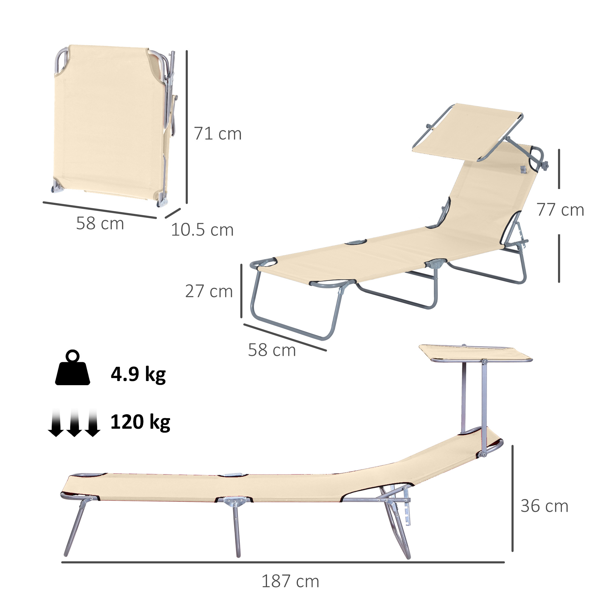 Lettino prendisole beige con tettuccio. Dimensioni: 187x58x36 cm. Peso: 4,9 kg, Carico: 120 kg.