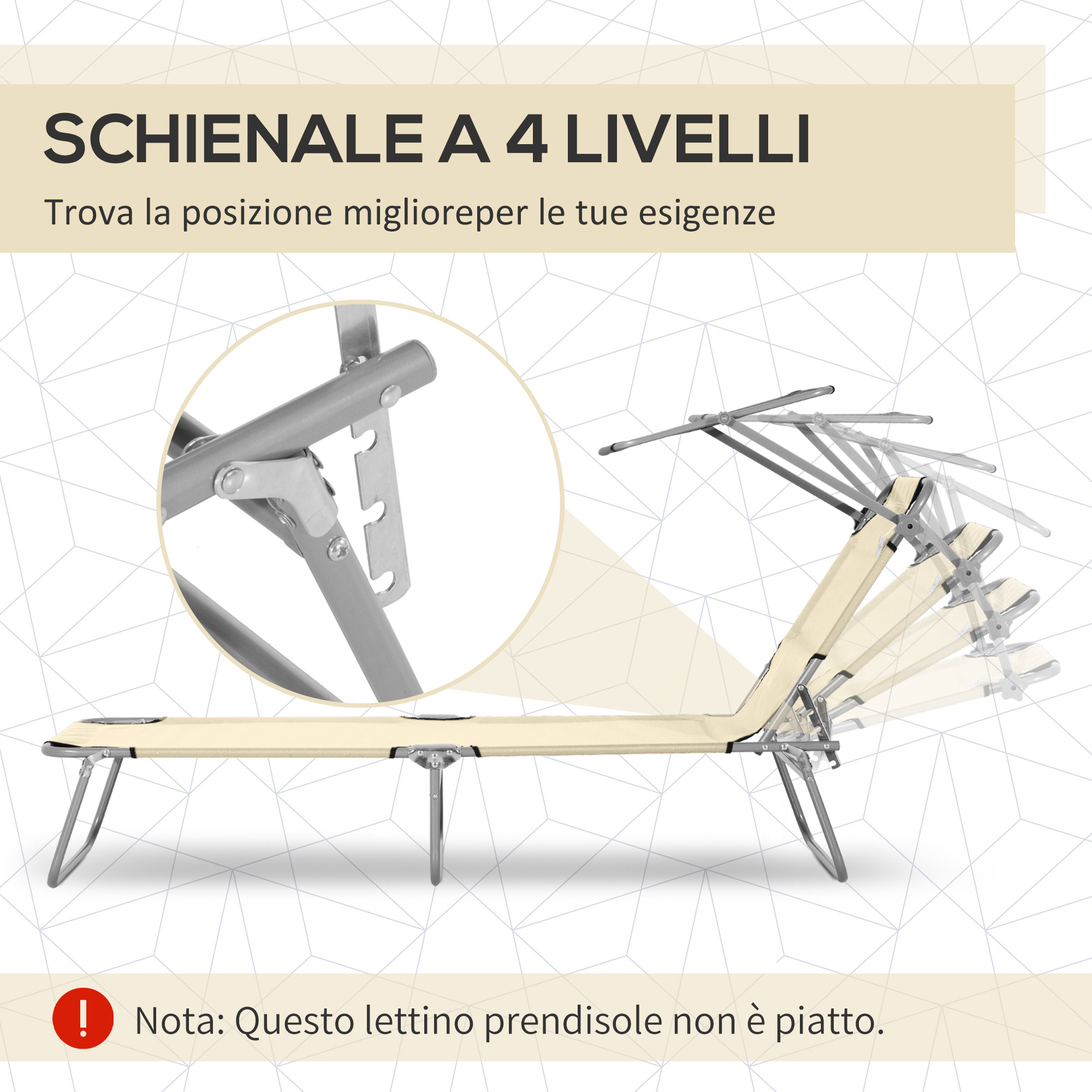Lettino prendisole beige con schienale regolabile, primo piano meccanismo.