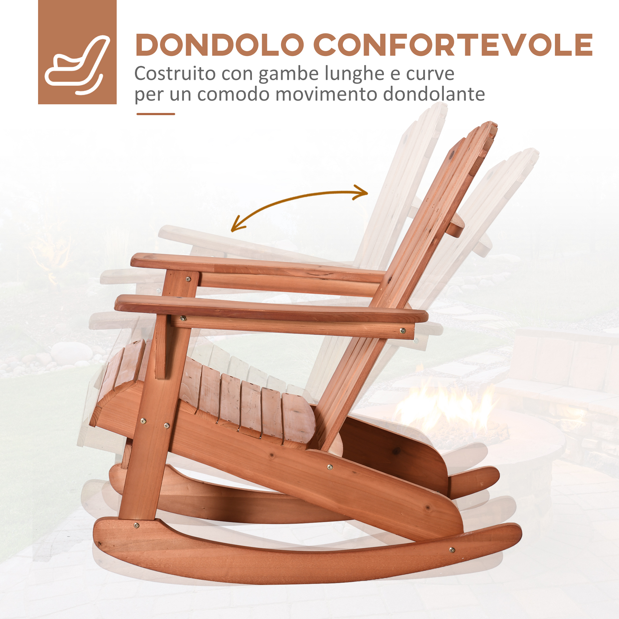 Una sedia a dondolo in legno con gambe lunghe e pattini curvi. Mostra movimento.
