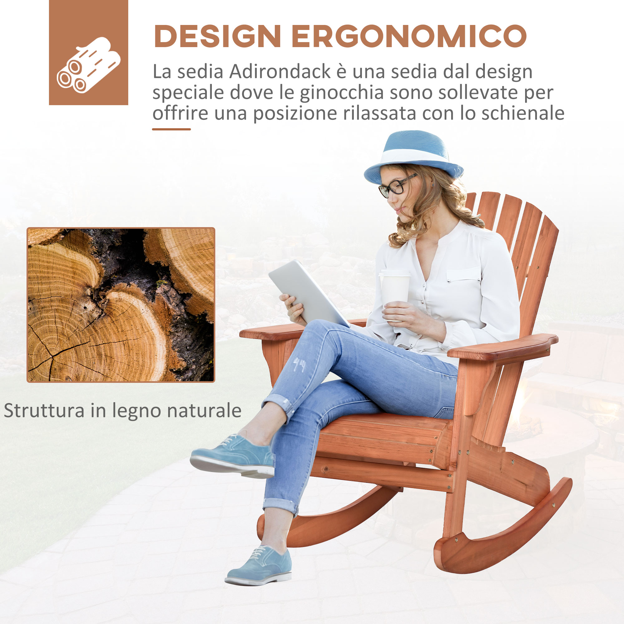 Donna legge su sedia a dondolo in legno con tablet e caffè, struttura in legno.