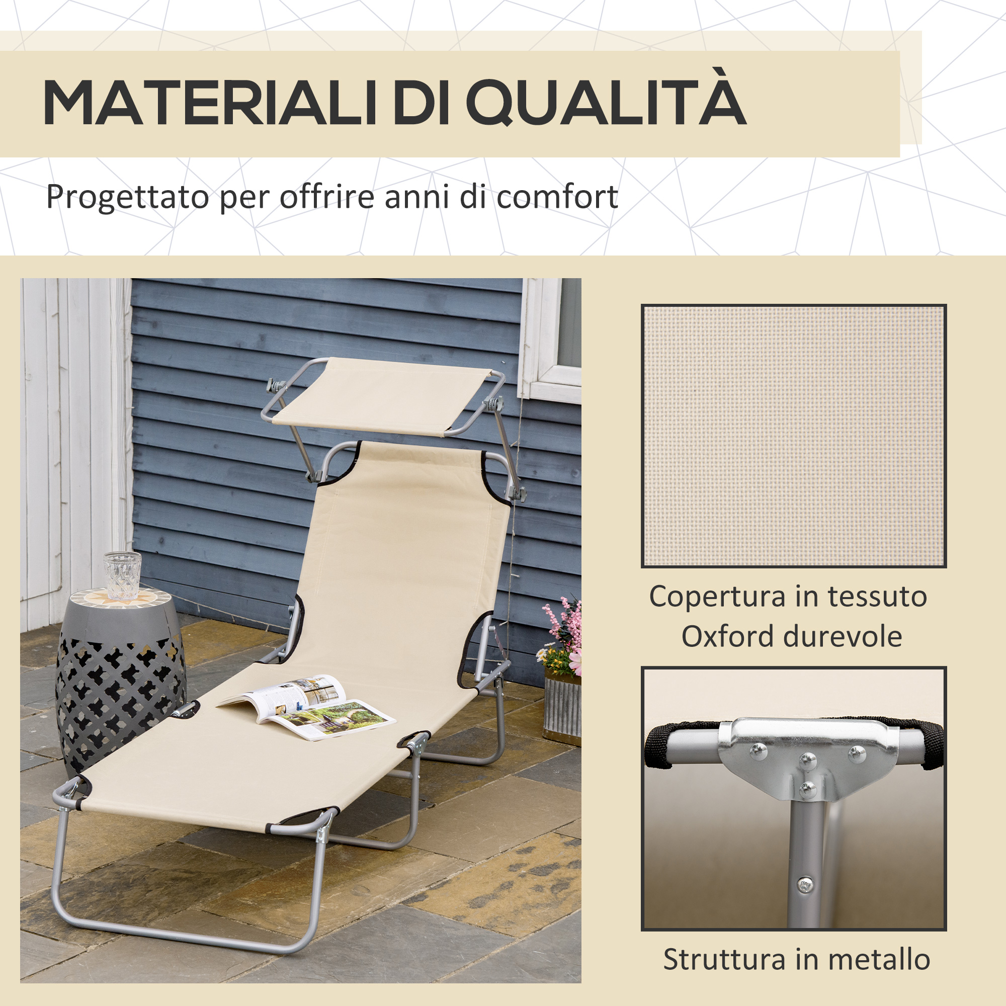 Una sdraio beige con tettuccio si trova su un patio di pietra vicino a un tavolino.