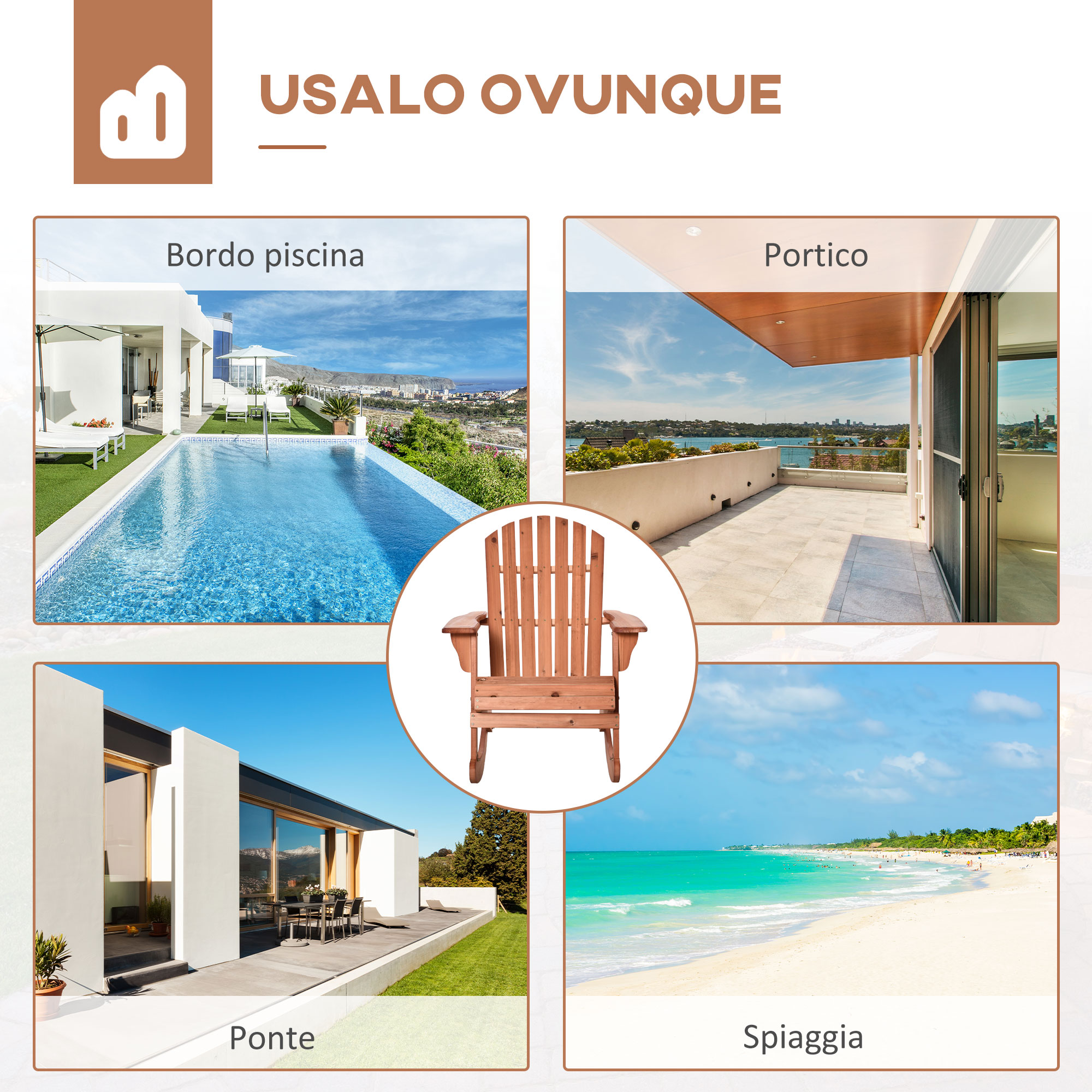 Una sedia di legno al centro tra immagini di piscina, patio, spiaggia e casa moderna.
