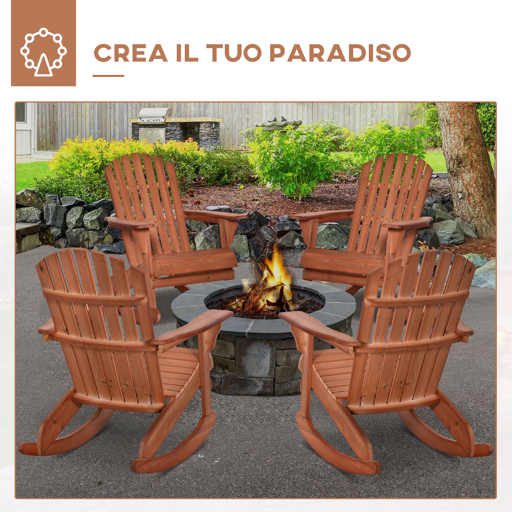 Quattro sedie a dondolo Adirondack in legno circondano un braciere all'aperto.