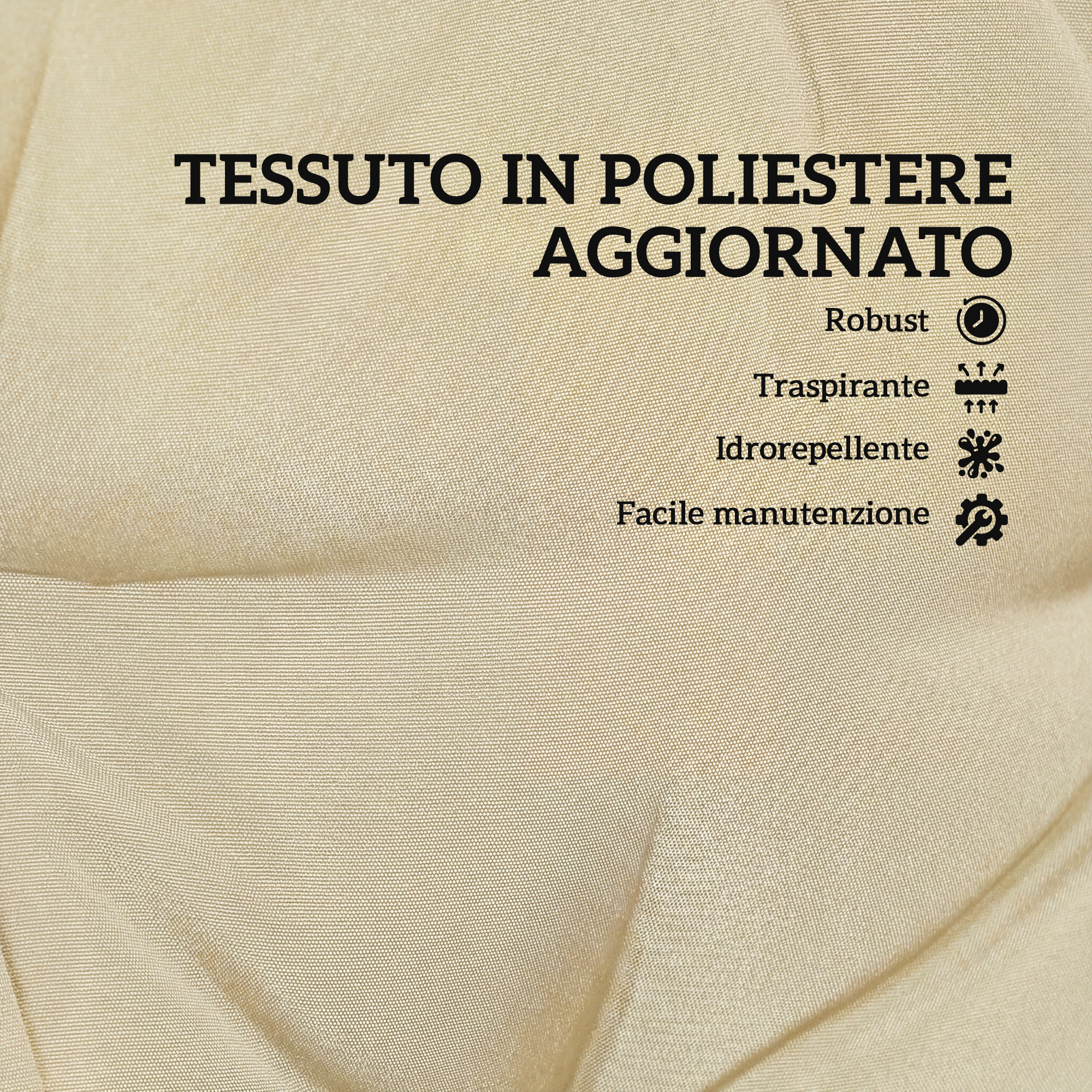 Tessuto beige con testo nero: Poliestere, robusto, traspirante, idrorepellente, facile manutenzione.