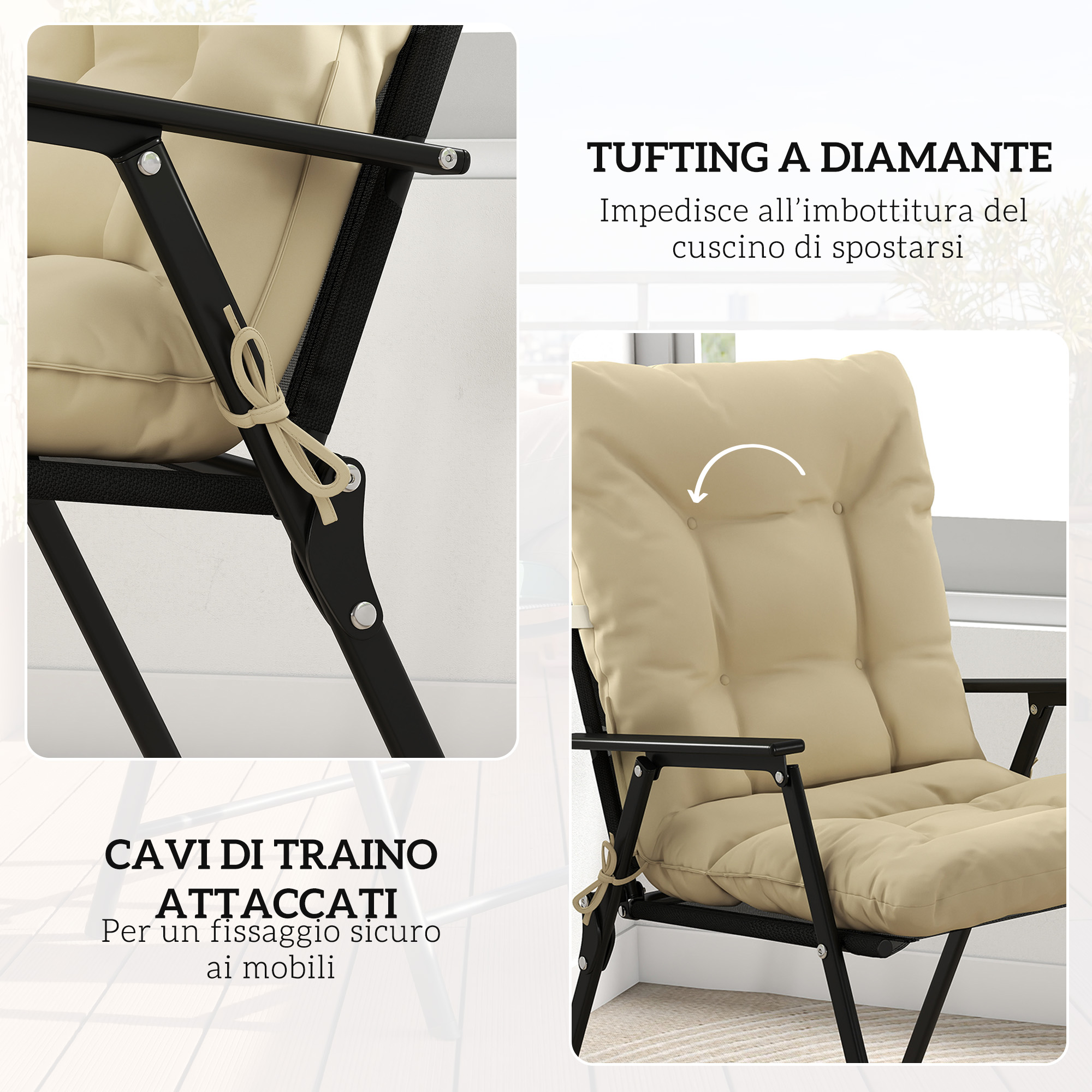 Una sedia imbottita beige con telaio in metallo nero e lacci.
