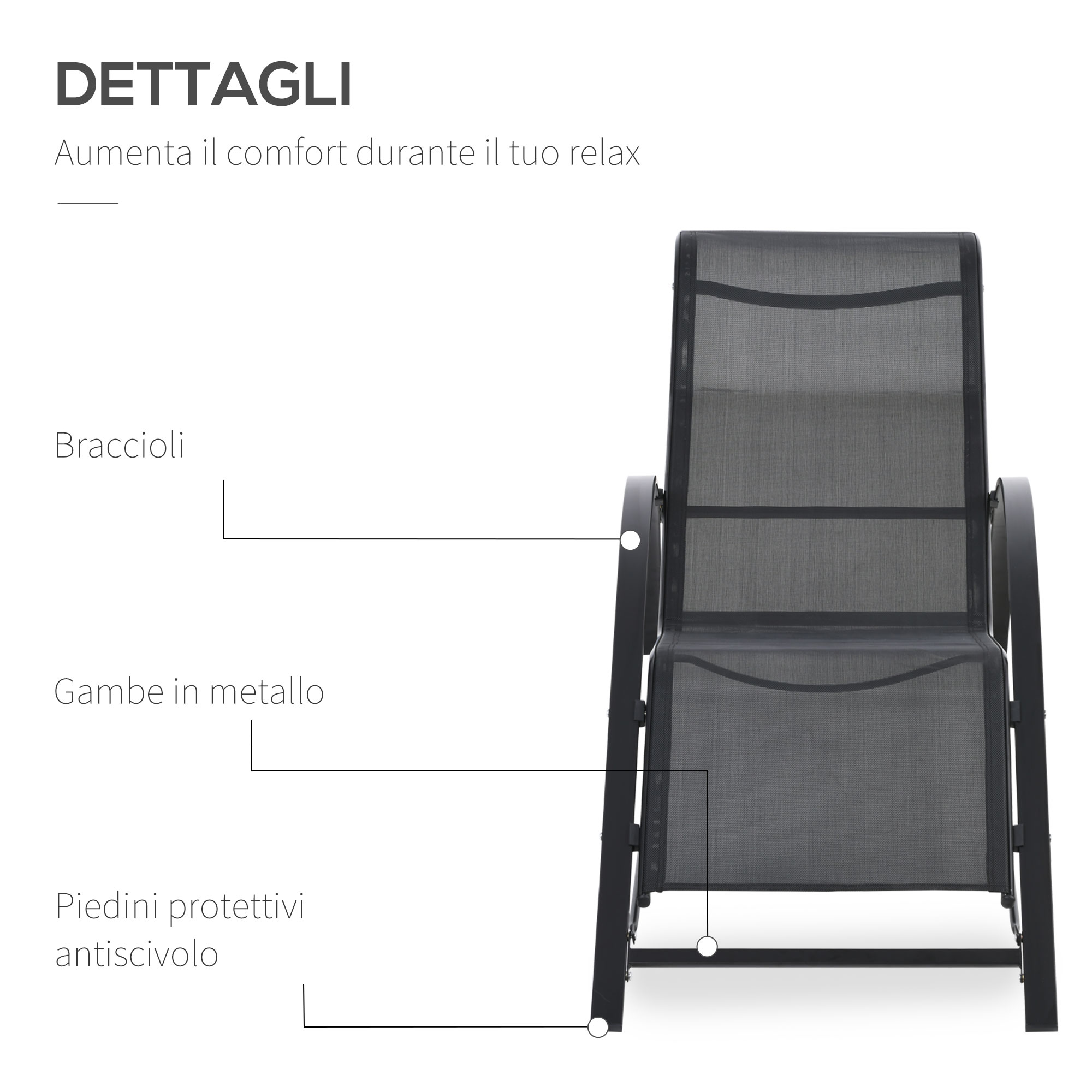 Sedia in tessuto nero con gambe e braccioli in metallo, vista dettagliata.