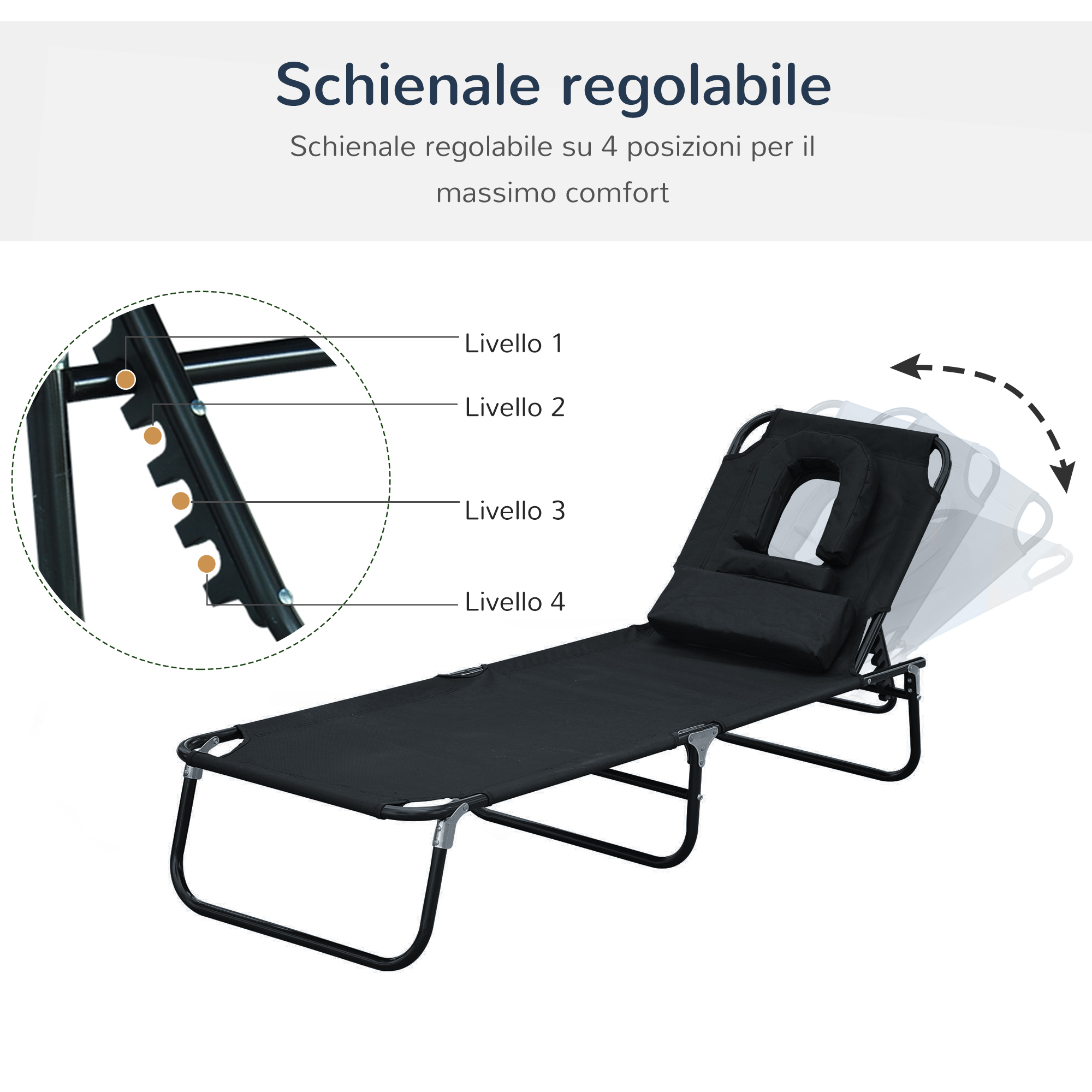 Una sedia a sdraio nera regolabile con poggiatesta, mostrata in 4 posizioni.