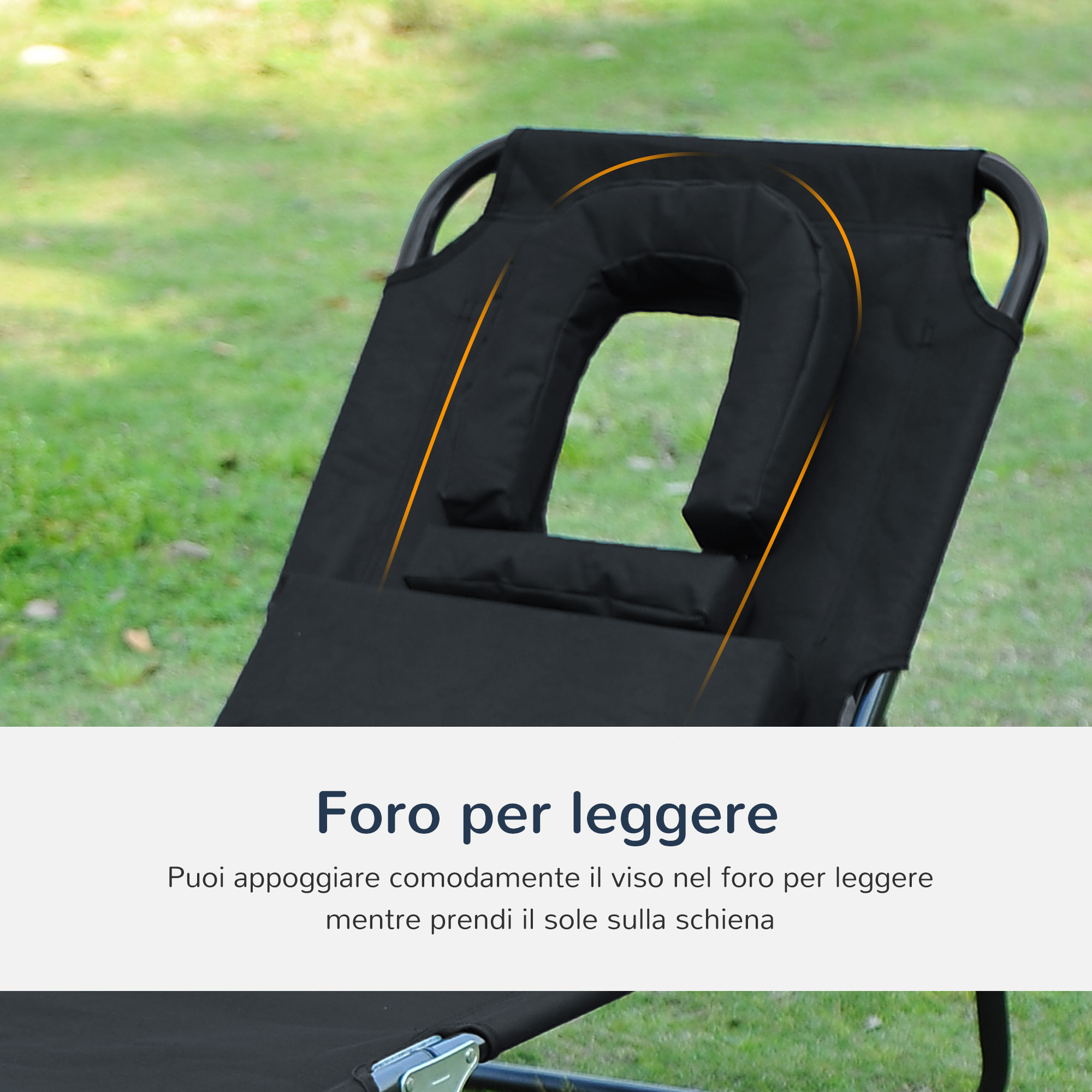 Sdraio nero con poggiatesta e foro per leggere all'aperto.