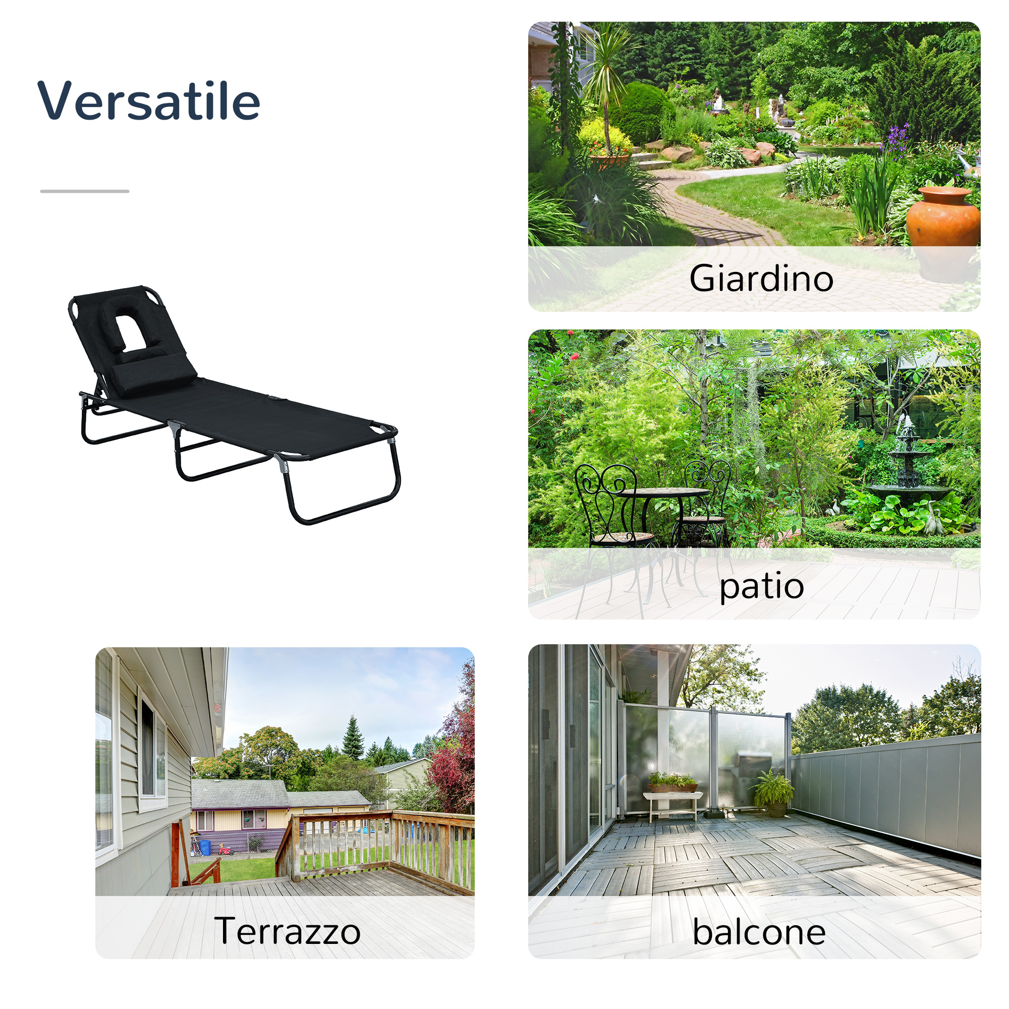 Una chaise longue nera con poggiatesta è esposta su sfondo bianco.