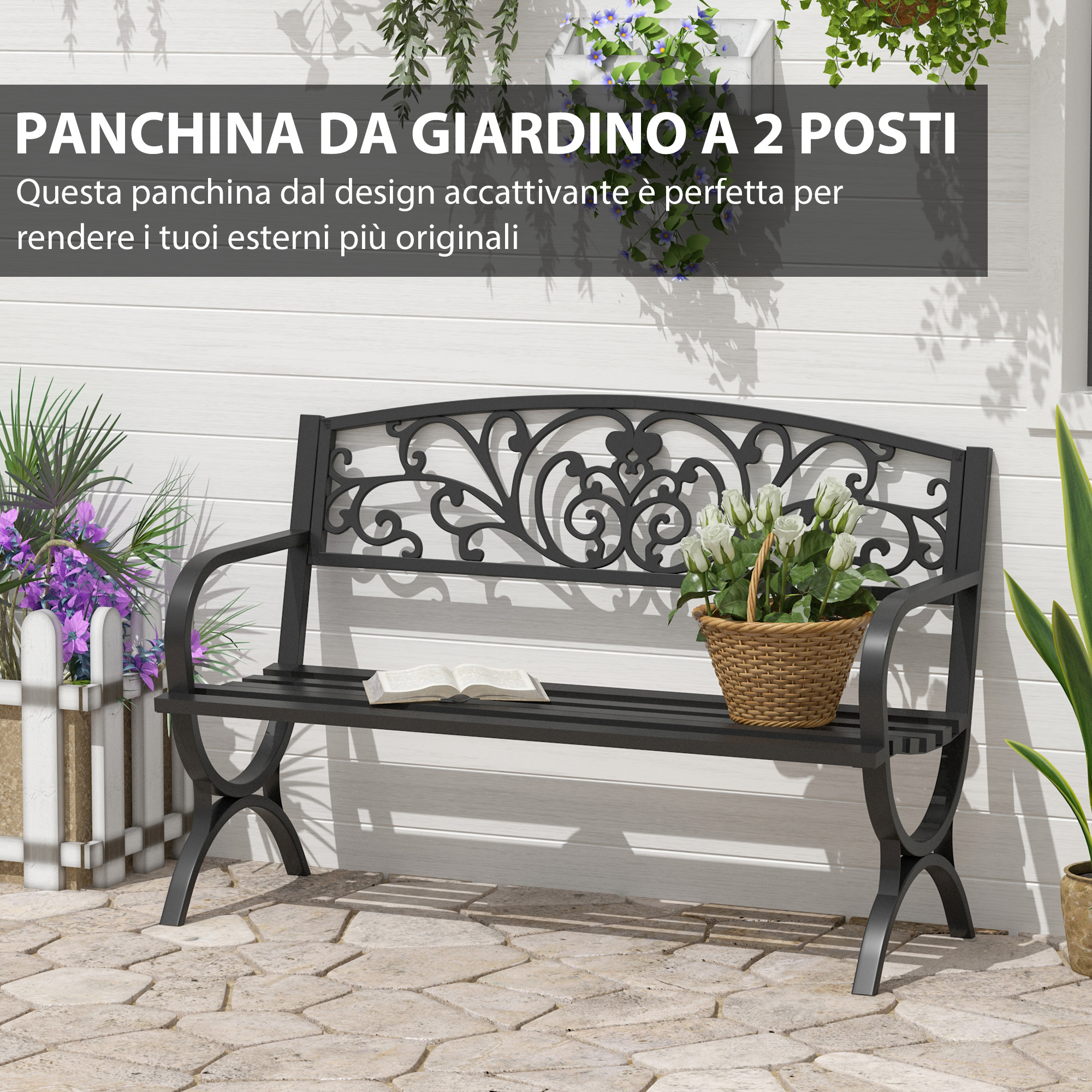 Panchina da giardino nera con cesto di fiori e libro su muro di legno bianco.