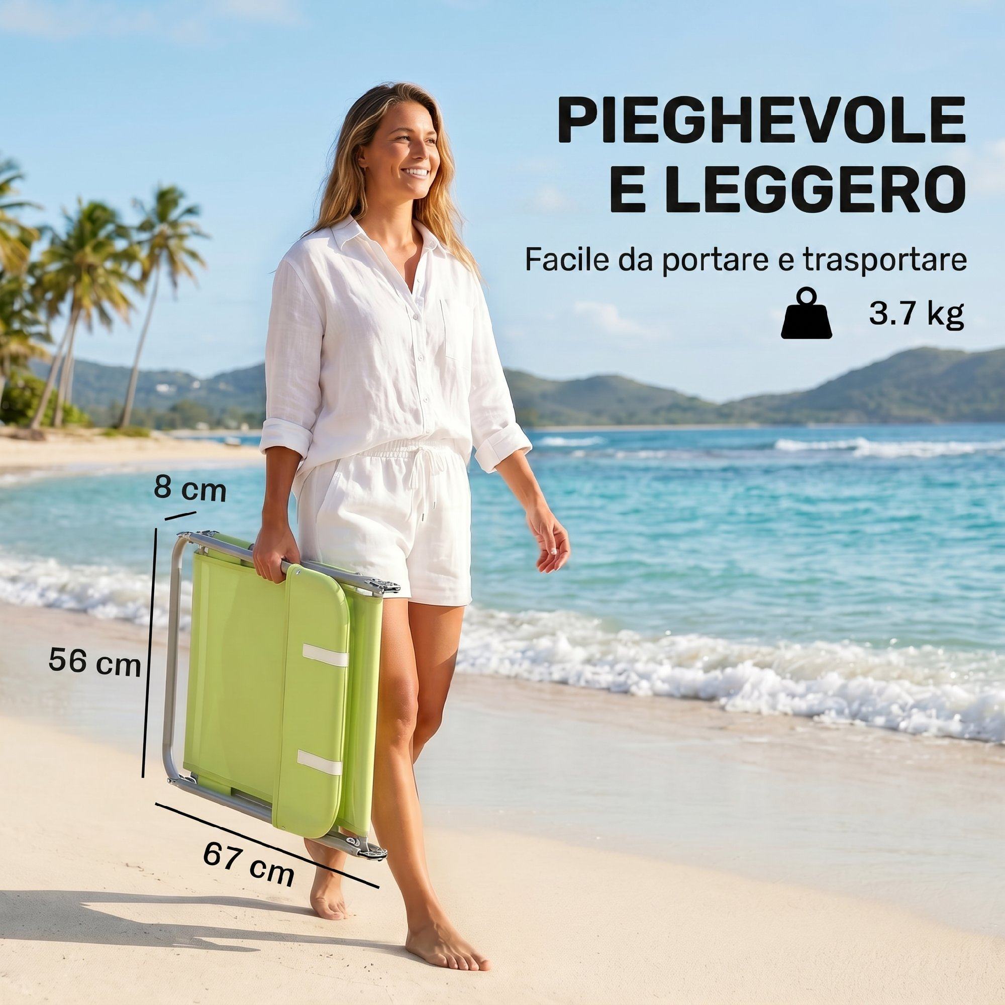 Una donna in spiaggia porta una sedia verde chiaro. Misure e peso sono indicati.