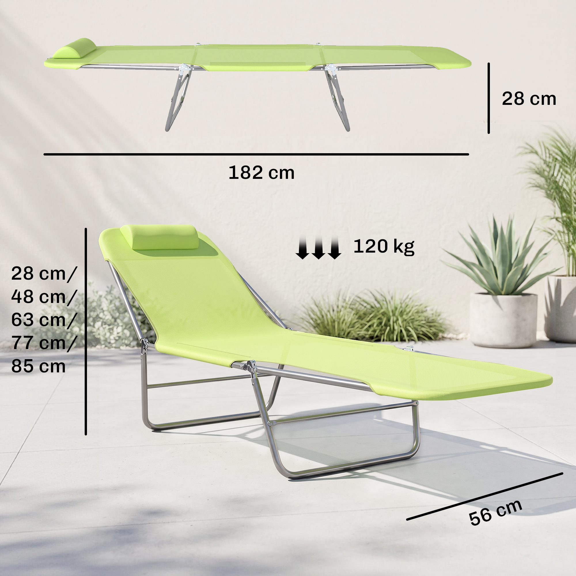 Una sdraio verde chiaro con telaio in metallo. Dimensioni e peso indicati.