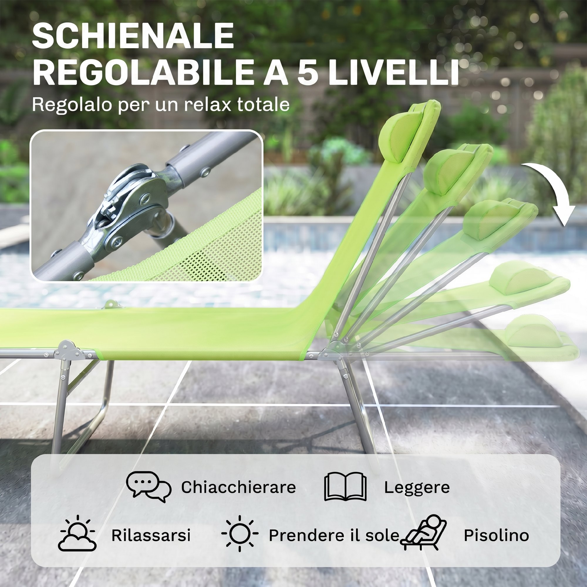 Una sedia a sdraio regolabile verde lime con telaio in metallo, all'aperto.