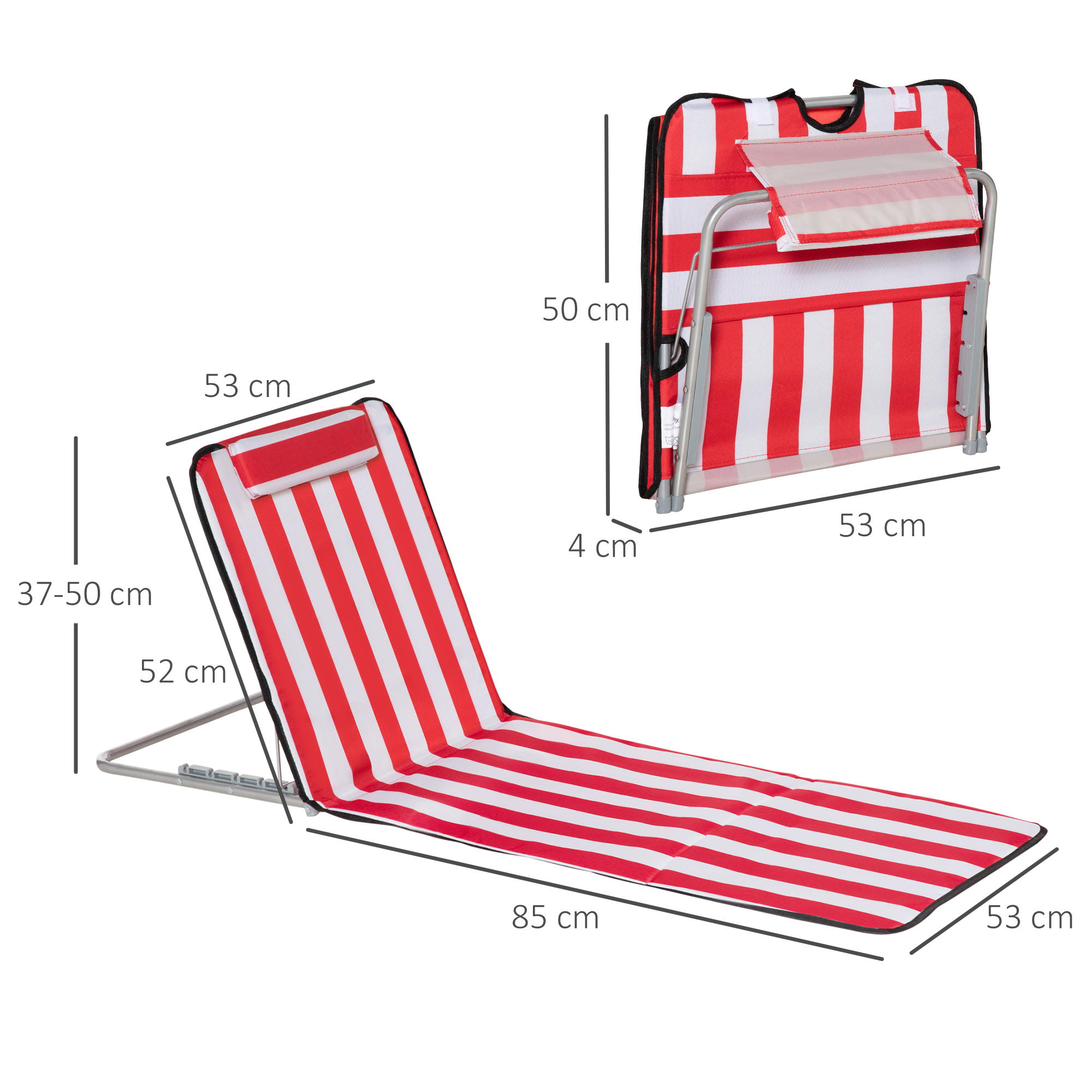 Una sedia da spiaggia a righe rosse e bianche, mostrata aperta e chiusa.