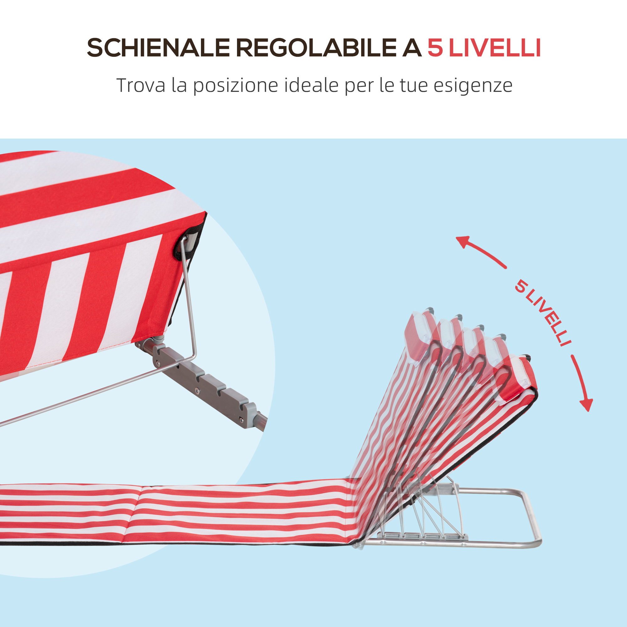 Schienale regolabile a 5 livelli, a righe rosse e bianche.