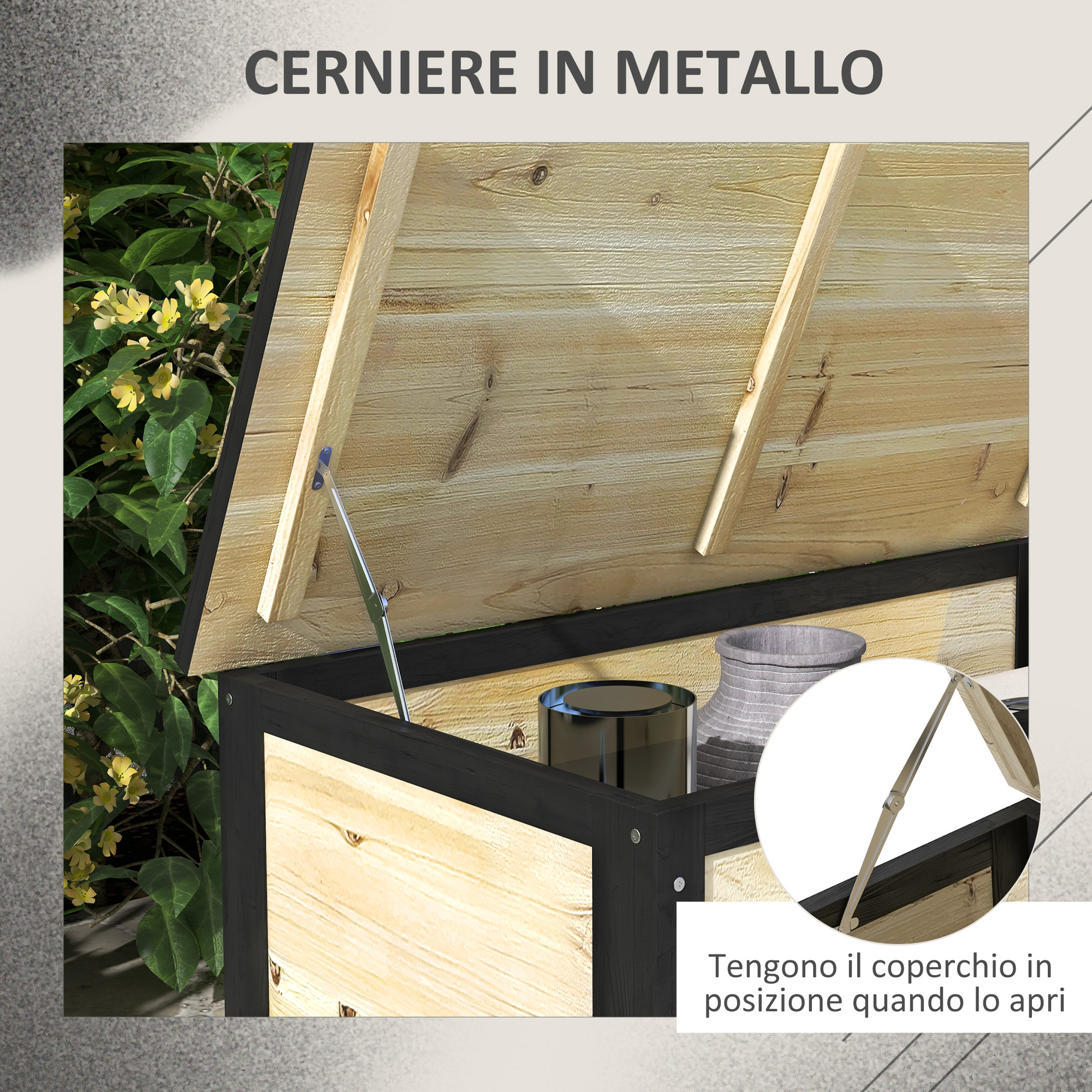 Cassa in legno con coperchio aperto, cerniera in metallo, fiori gialli dietro.