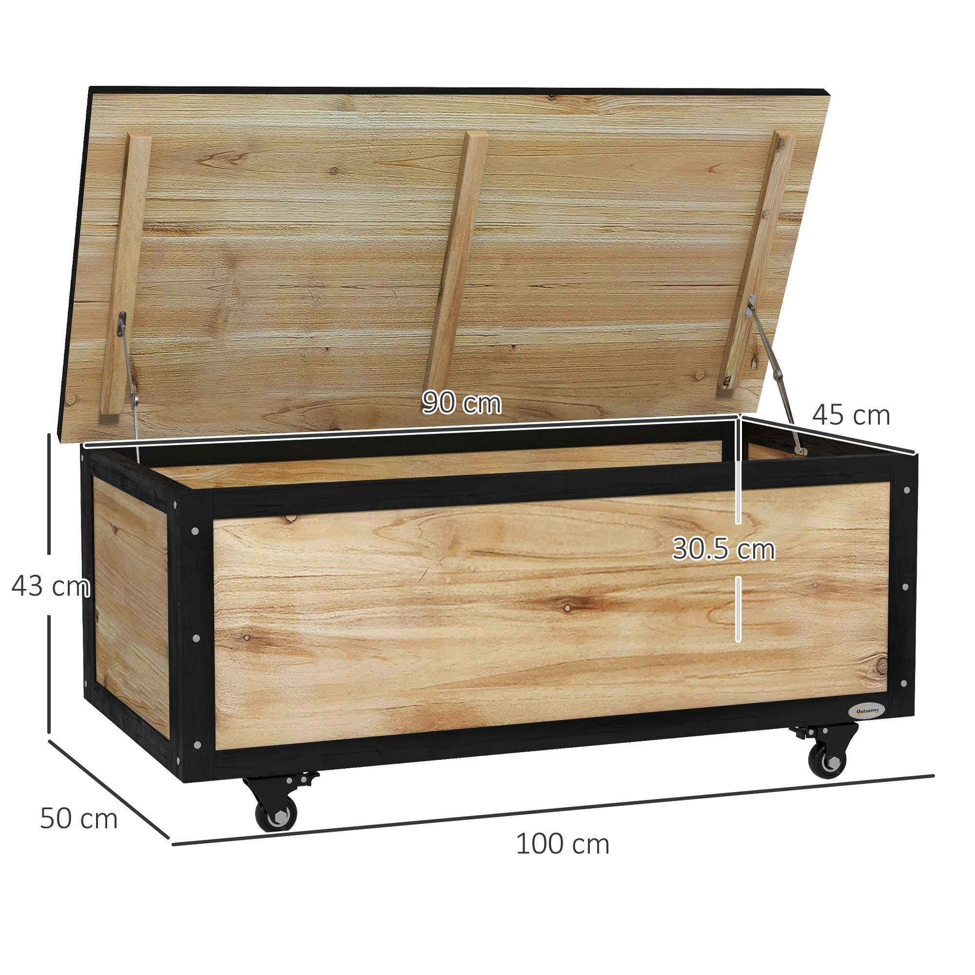 Baúle contenitore in legno con coperchio, 100x50x43 cm, su ruote.